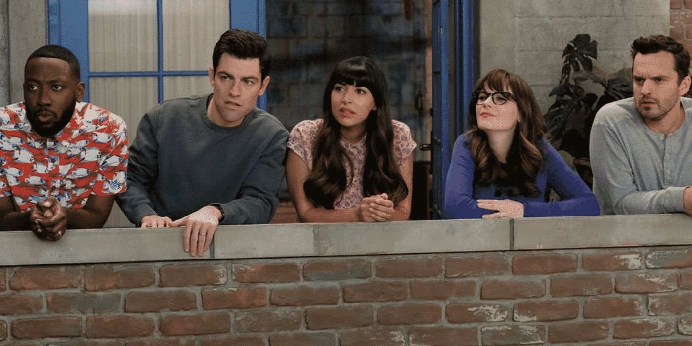Winston, Schmidt, Cece, Jess, and Nick all standing on a balcony together in New Girl