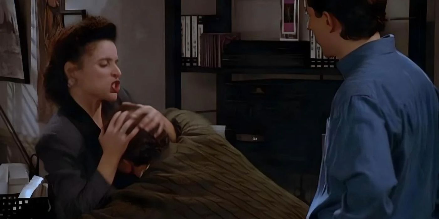 Elaine forcing George's face into her chest in the Seinfeld episode The Pick