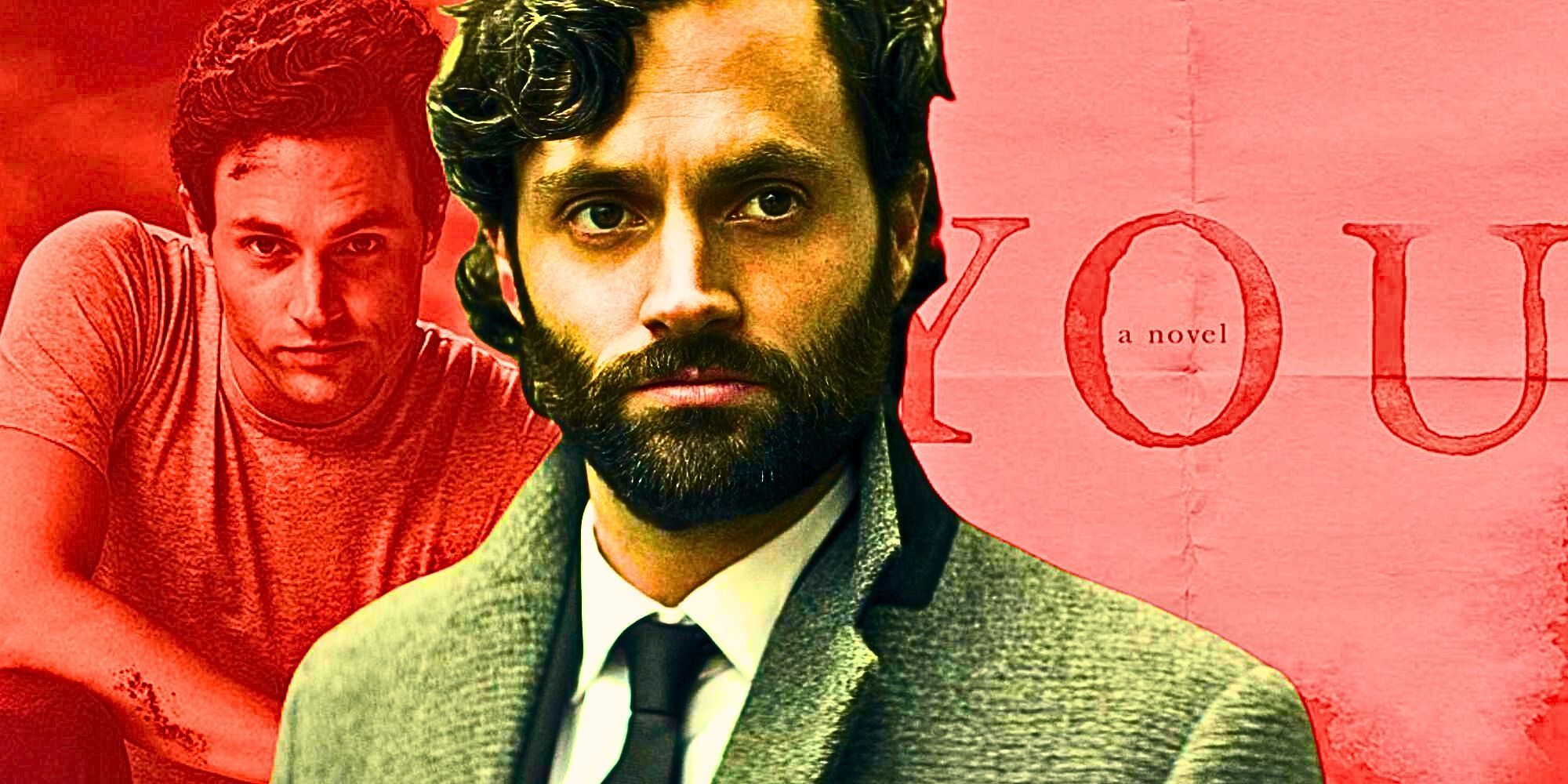 A custom image of Penn Badgley as Joe Goldberg against a blended backdrop of a You poster and the You novel's front cover