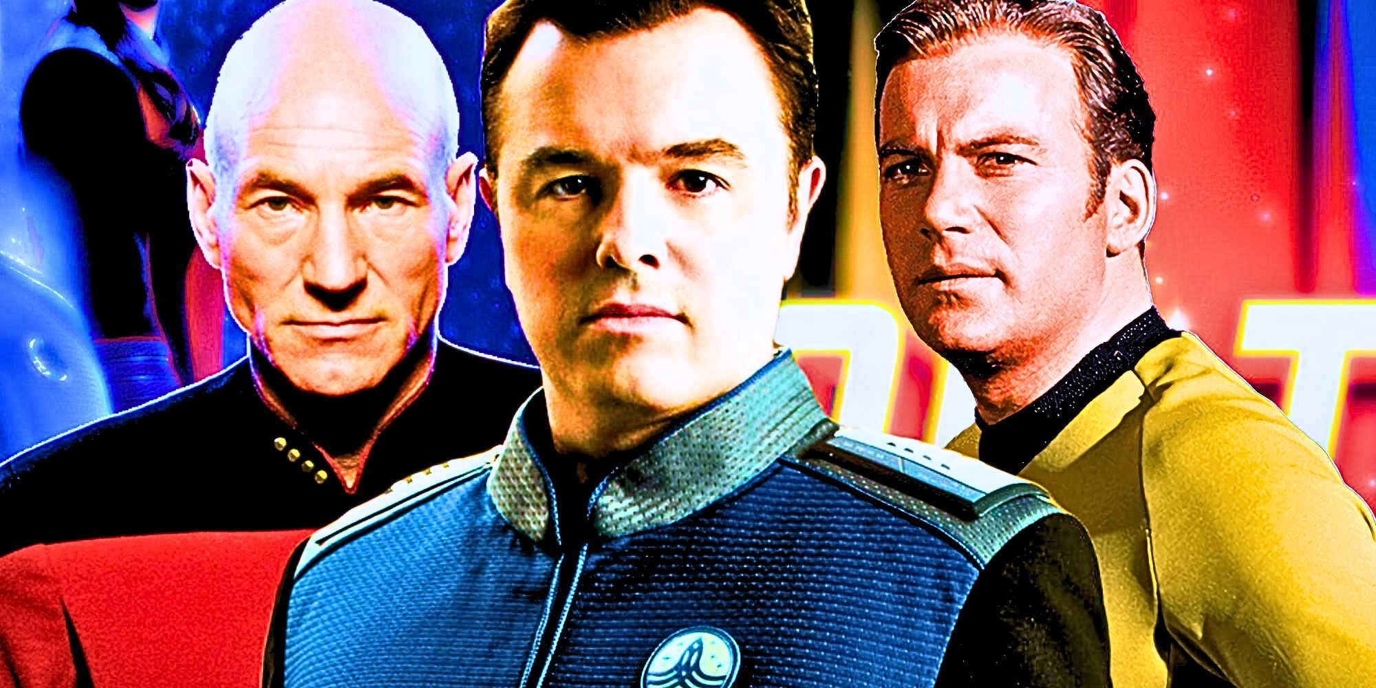 A custom image of Patrick Stewart as Jean-Luc Picard, Seth MacFarlane as Ed Mercer and William Shatner as Captain Kirk against a backdrop of Star Trek and The Orville imagery