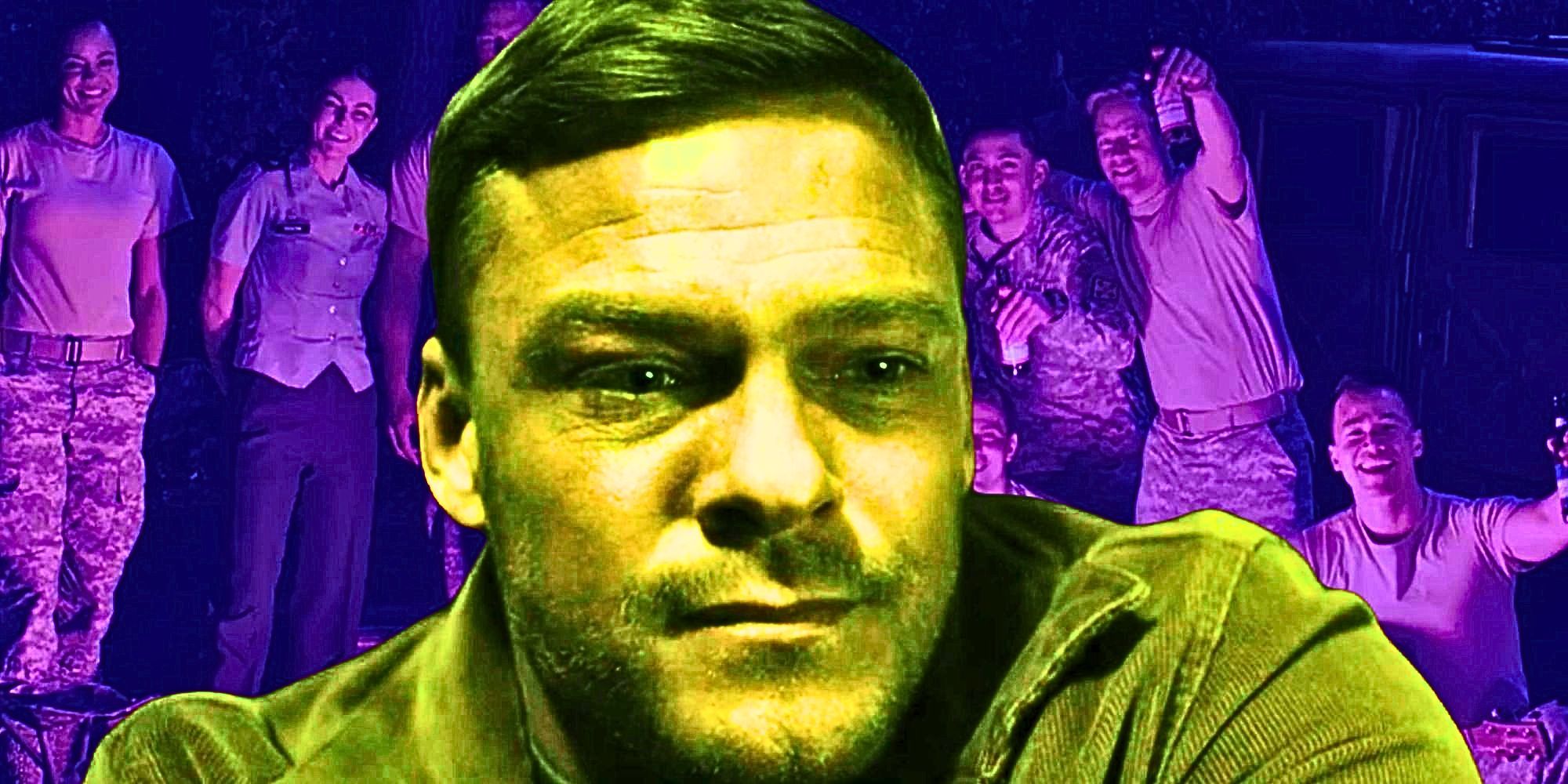 Alan Ritchson as Reacher against a custom backdrop of the Special Investigations Unit