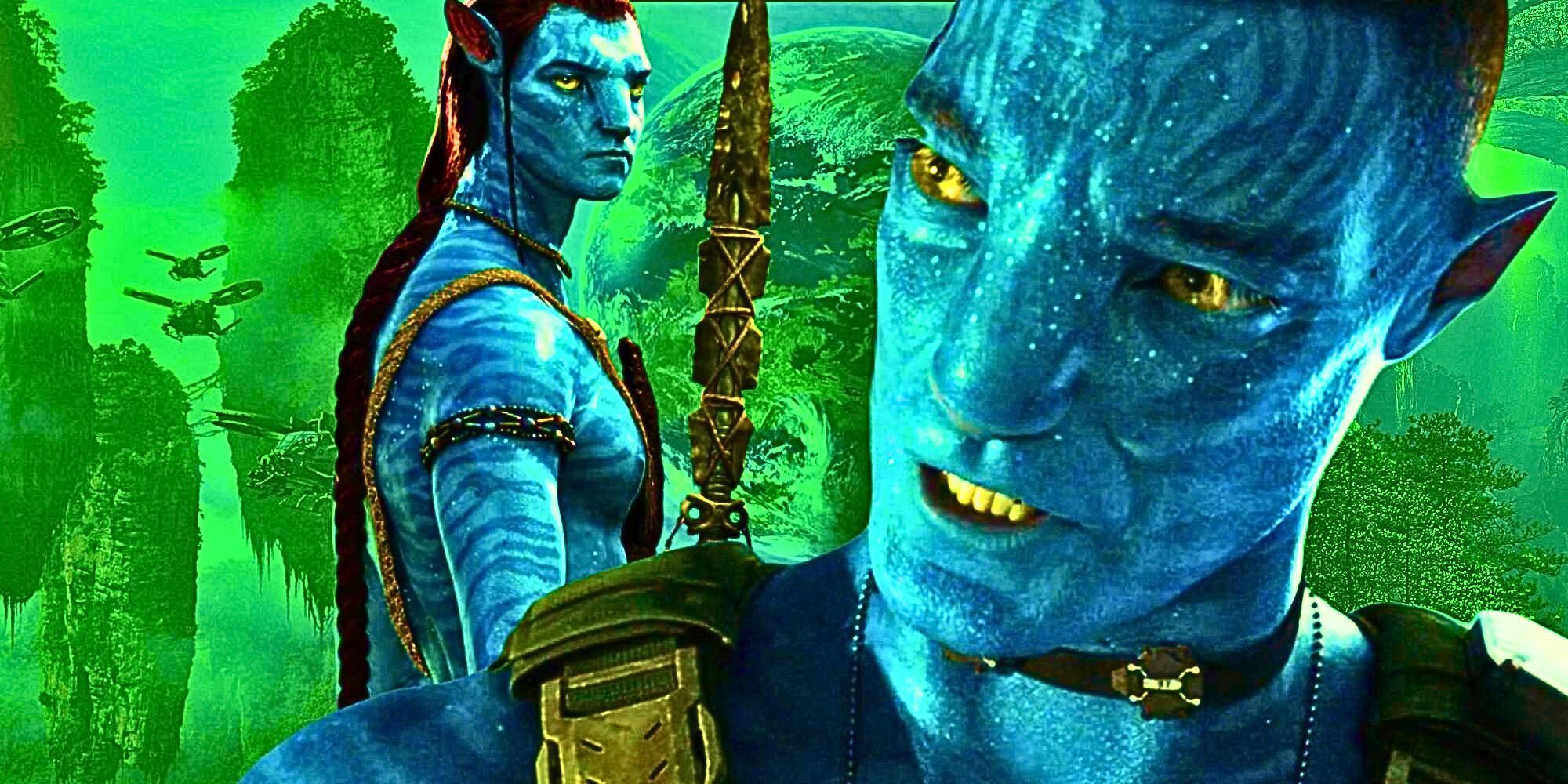 Jake Sully (Sam Worthington) and Colonel Miles Quaritch (Stephen Lang) in their Na'vi forms in front of a mixed background of images from the Avatar series