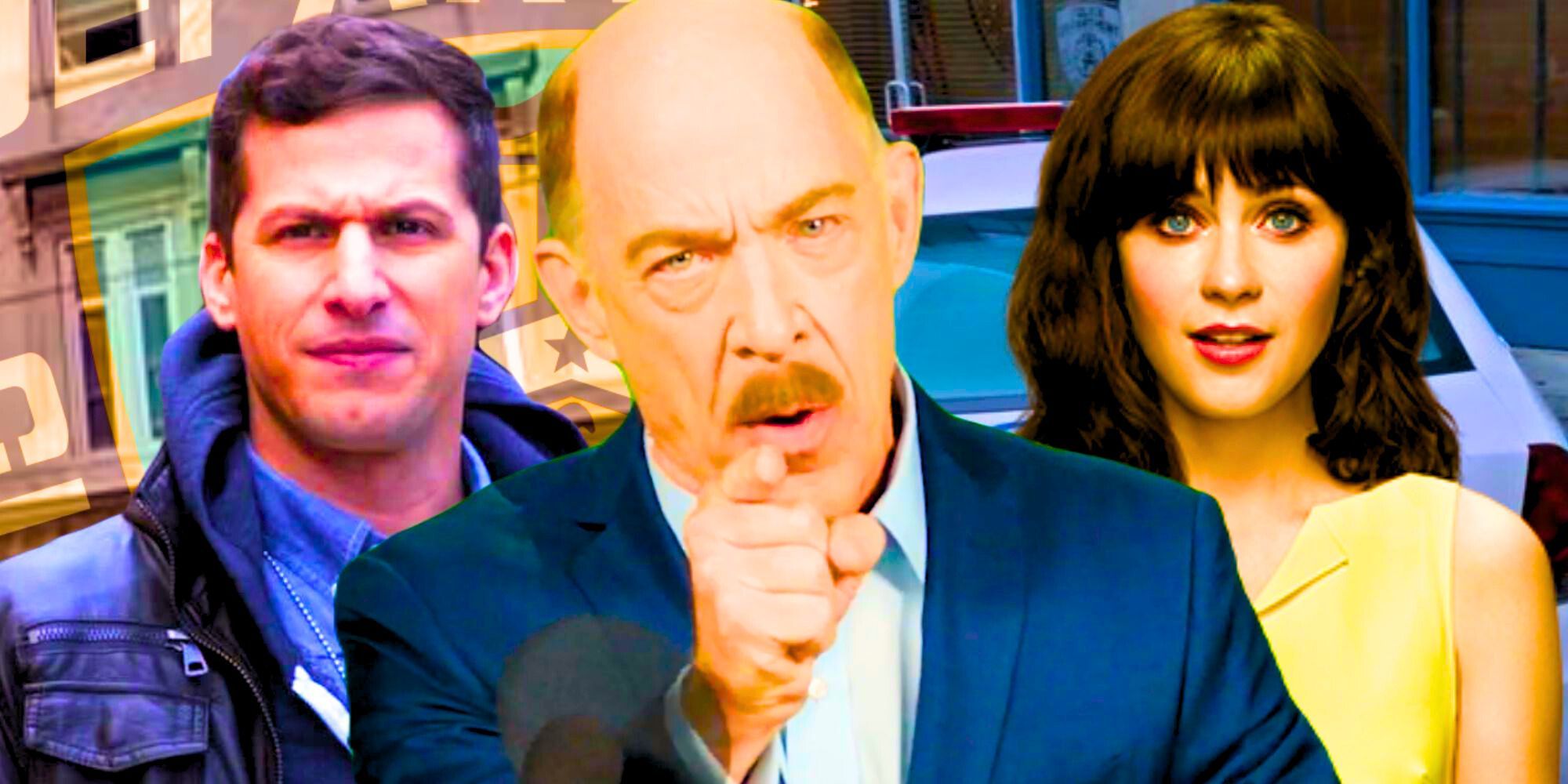 JK Simmons pointing at the screen with Andy Samberg as Jake Peralta and Zooey Deschanel as Jess Day behind him