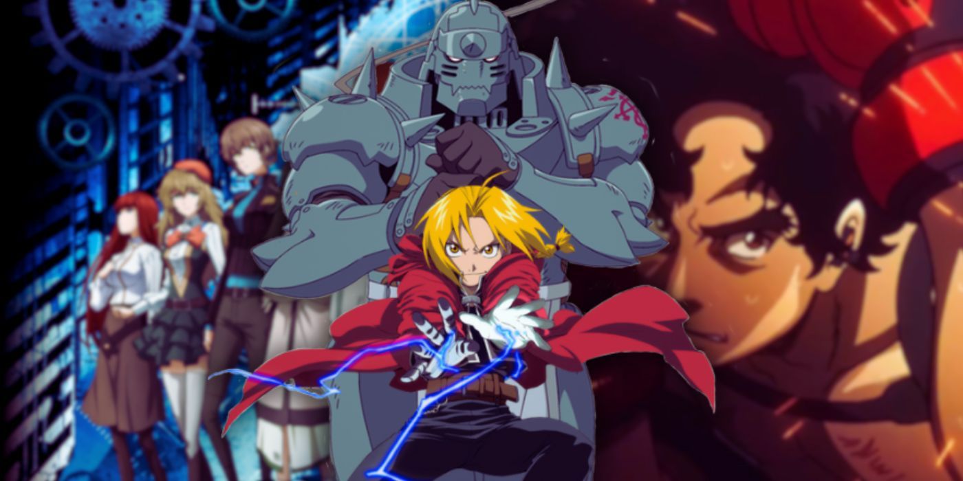 Collage style image featuring a still from Megalo Box of the protagonist blockign a blow, the key visual of Steins;Gate 0 of the main female cast members, and an image of Edward and Alphonse Elric from Fullmetal Alchemist.