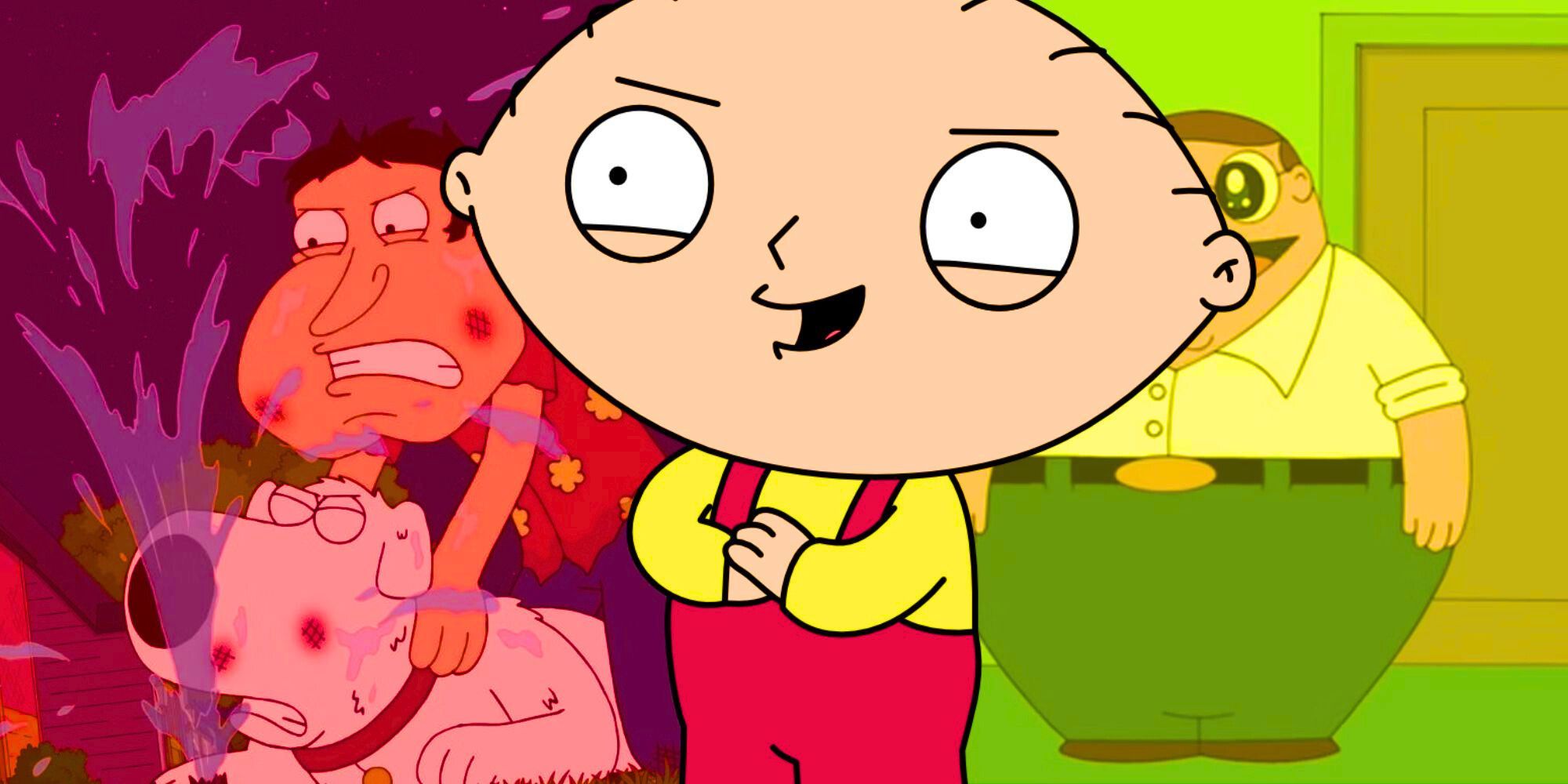 Stewie Griffin against a backdrop of other Family Guy characters