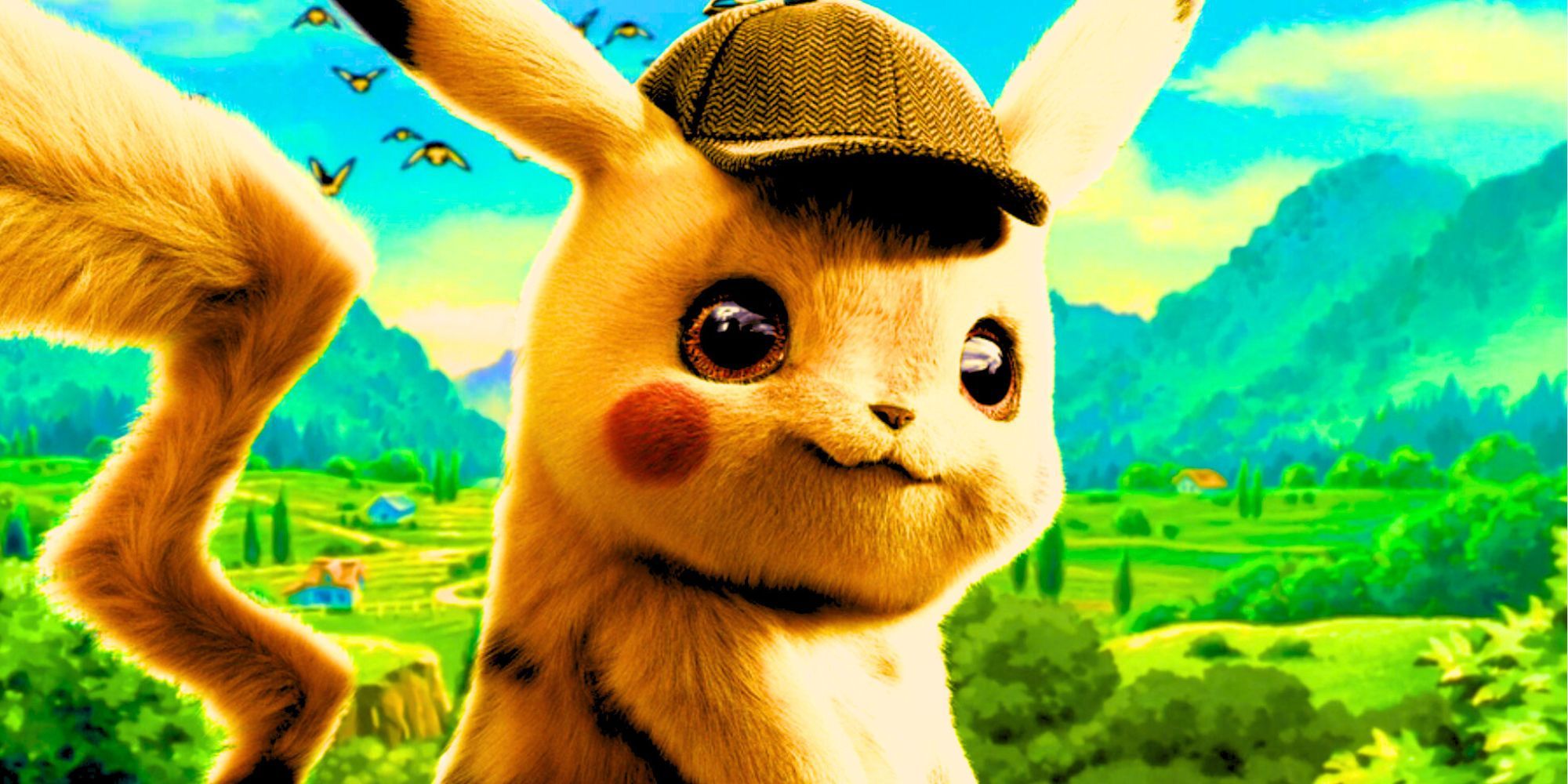 Detective Pikachu smiling at the screen against a landscape from the Pokémon anime