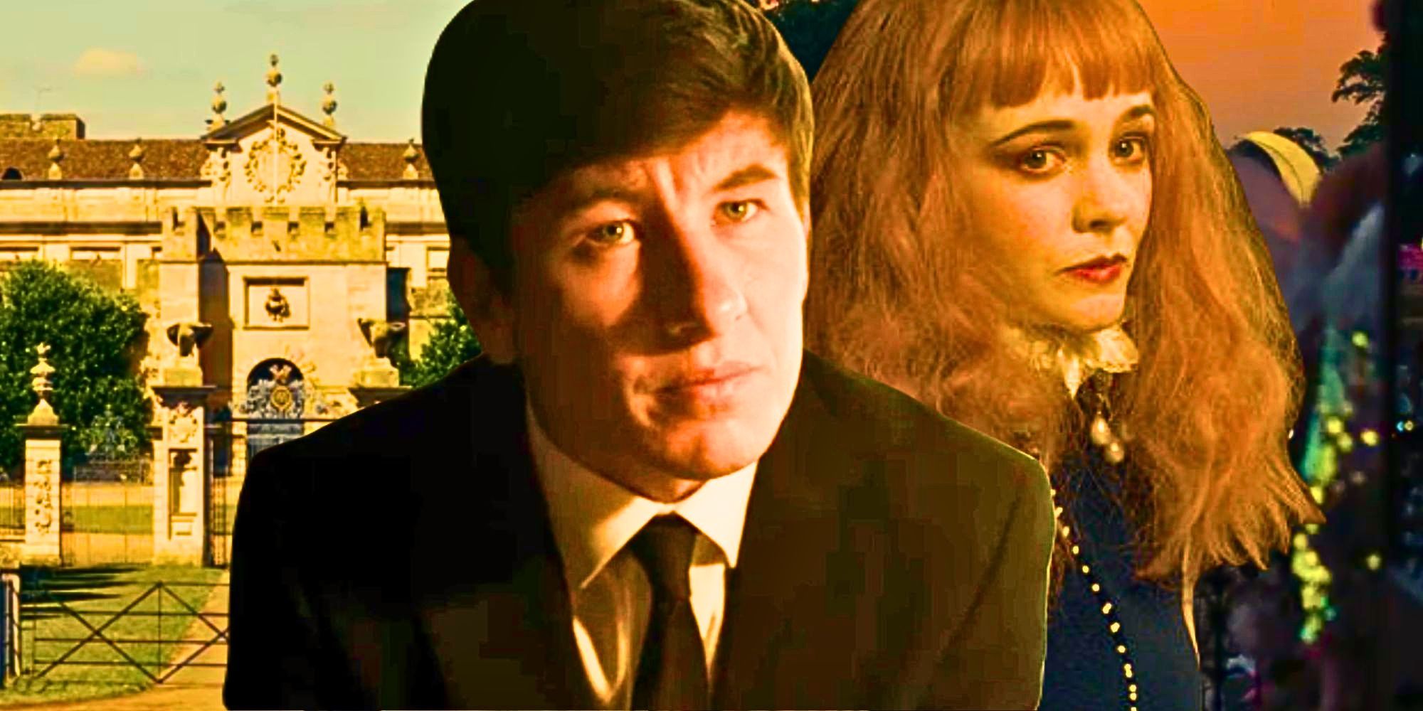 A custom image of Oliver Quick and Pamela from Saltburn against a backdrop of other Saltburn scenes