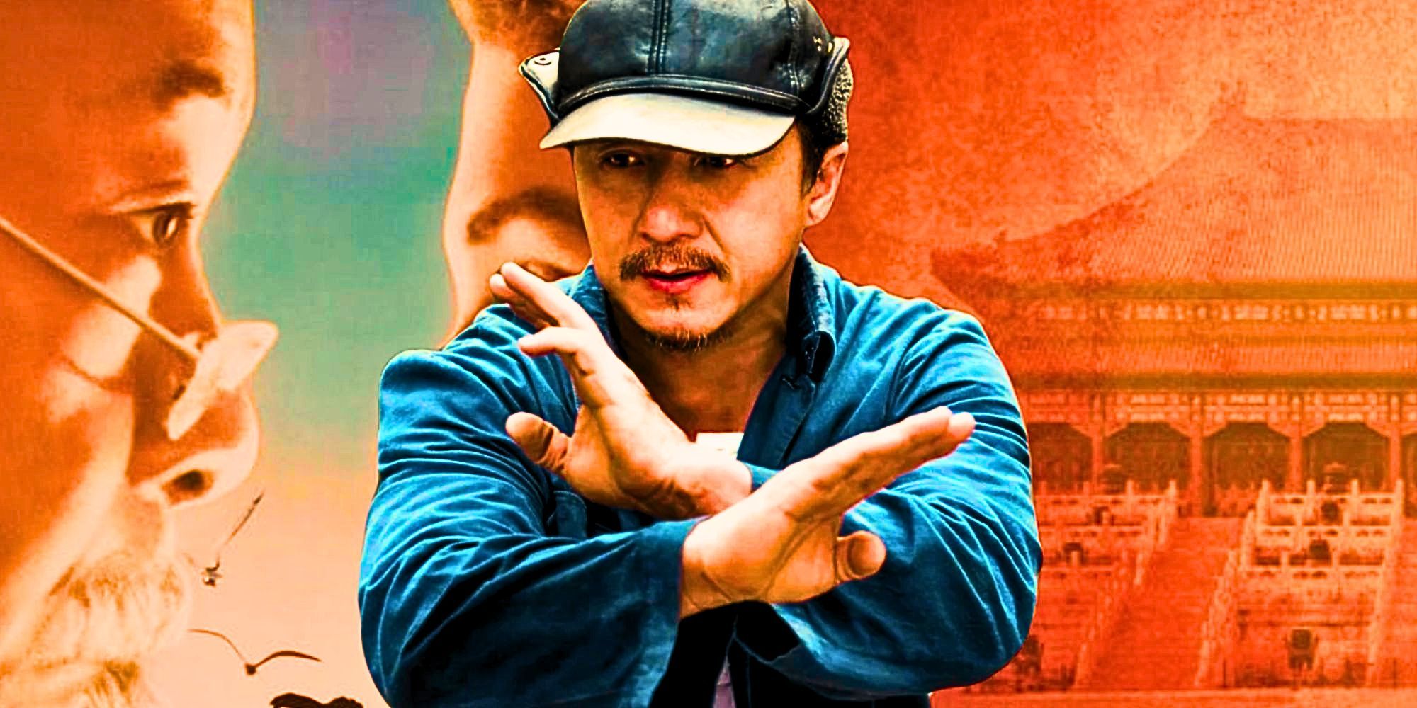 Jackie Chan as Mr. Han against a backdrop of blended Karate Kid posters