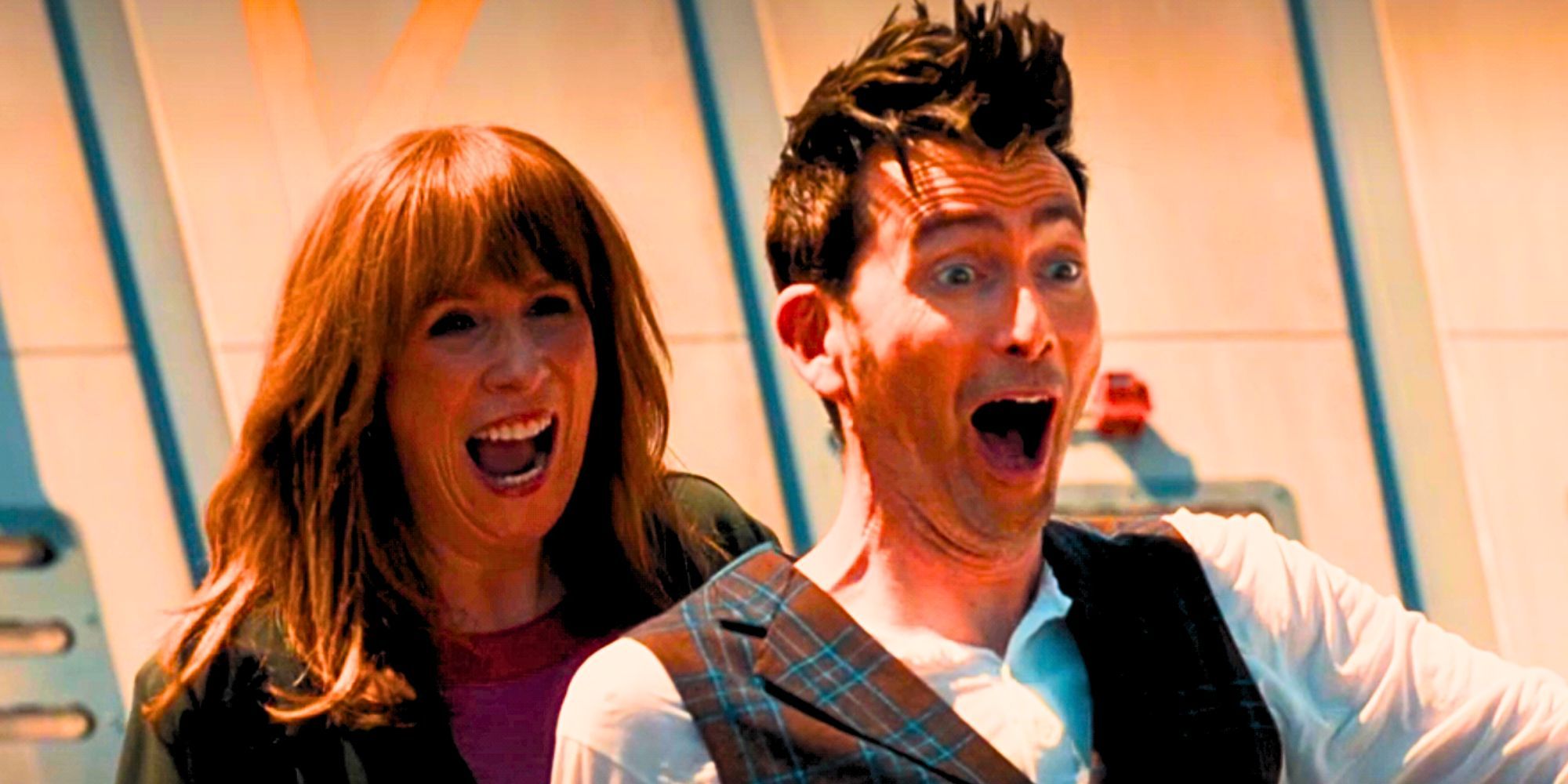 Catherine Tate as Donna Noble and David Tennant as the Fourteenth Doctor looking ecstatic 