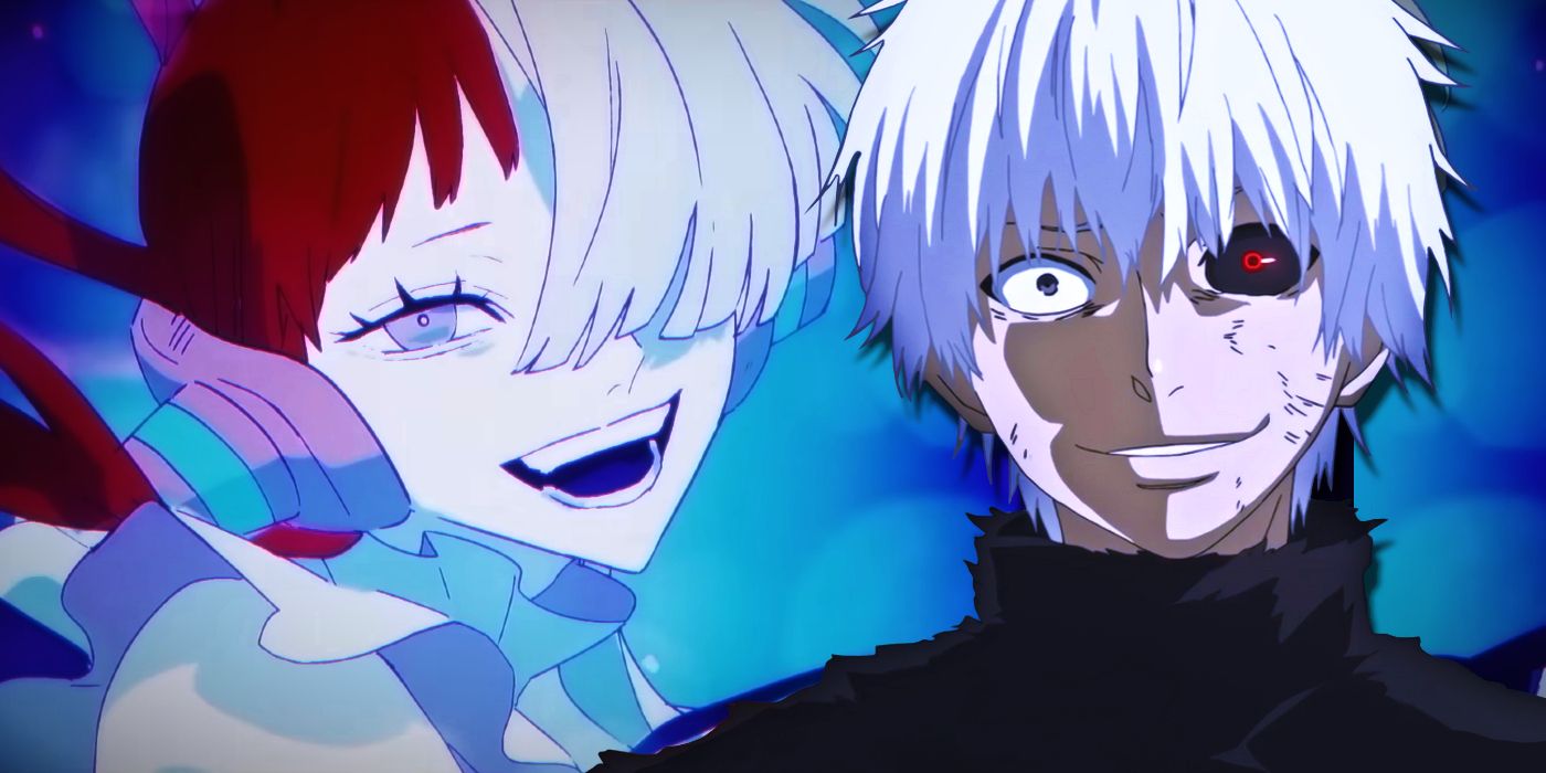 Uta from One Piece and Kaneki from Tokyo Ghoul both smiling creepily