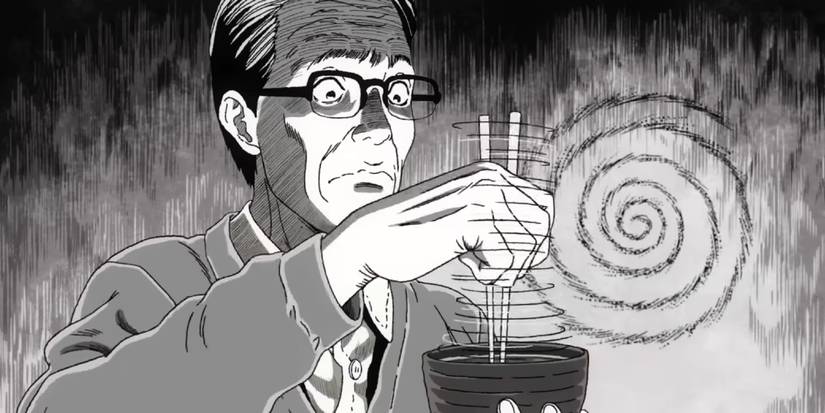 Shuichi's Father in Adult Swim's Uzumaki stirring his chopsticks in a bowl to create a spiral shape.