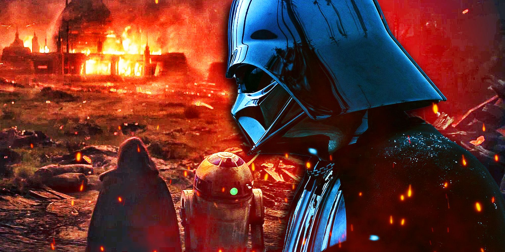 Vader with a burning jedi temple