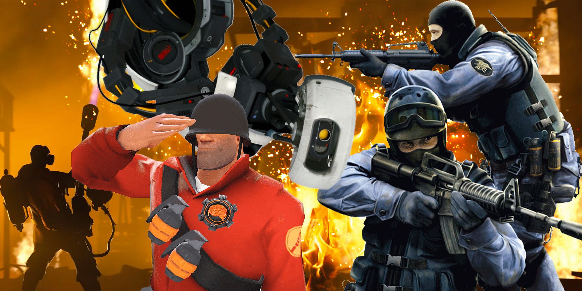 A collage of characters from Valve games. The soldier from Team Fortress 2 salutes in front of GLaDOS, who is hanging from the ceiling, and is next to a couple soldiers aiming rifles from Counter-Strike. All are in front of a background engulfed in flames by the pyro from TF2.