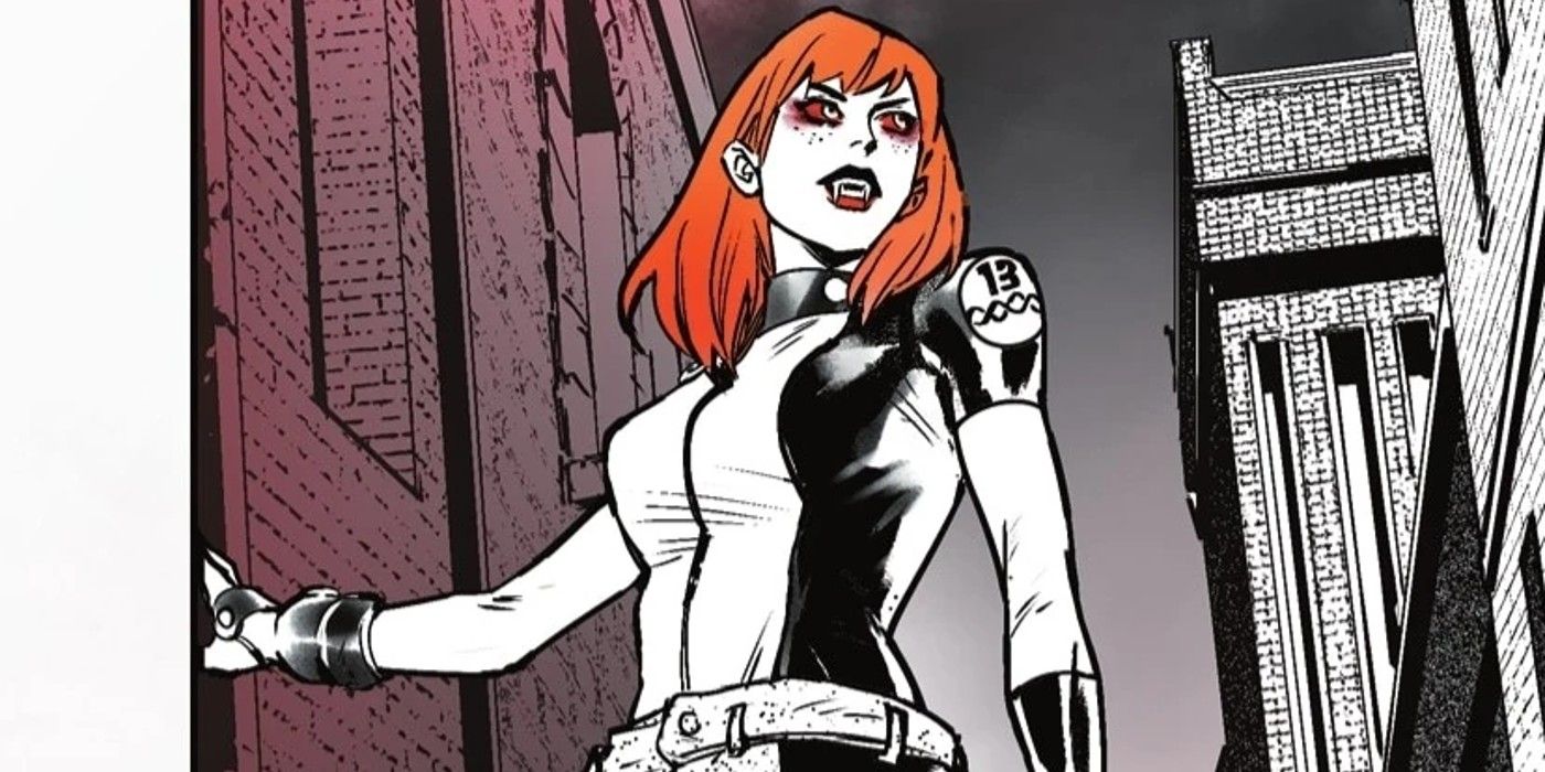 Comic book panel: a pale woman with red hair and fangs.