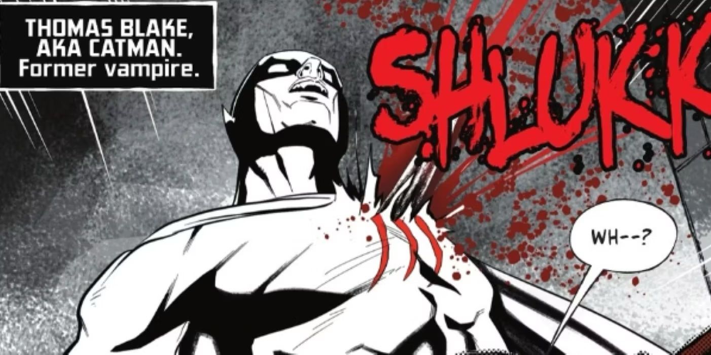 Comic book panel: Costumed character Catman as a black-and-white vampire.