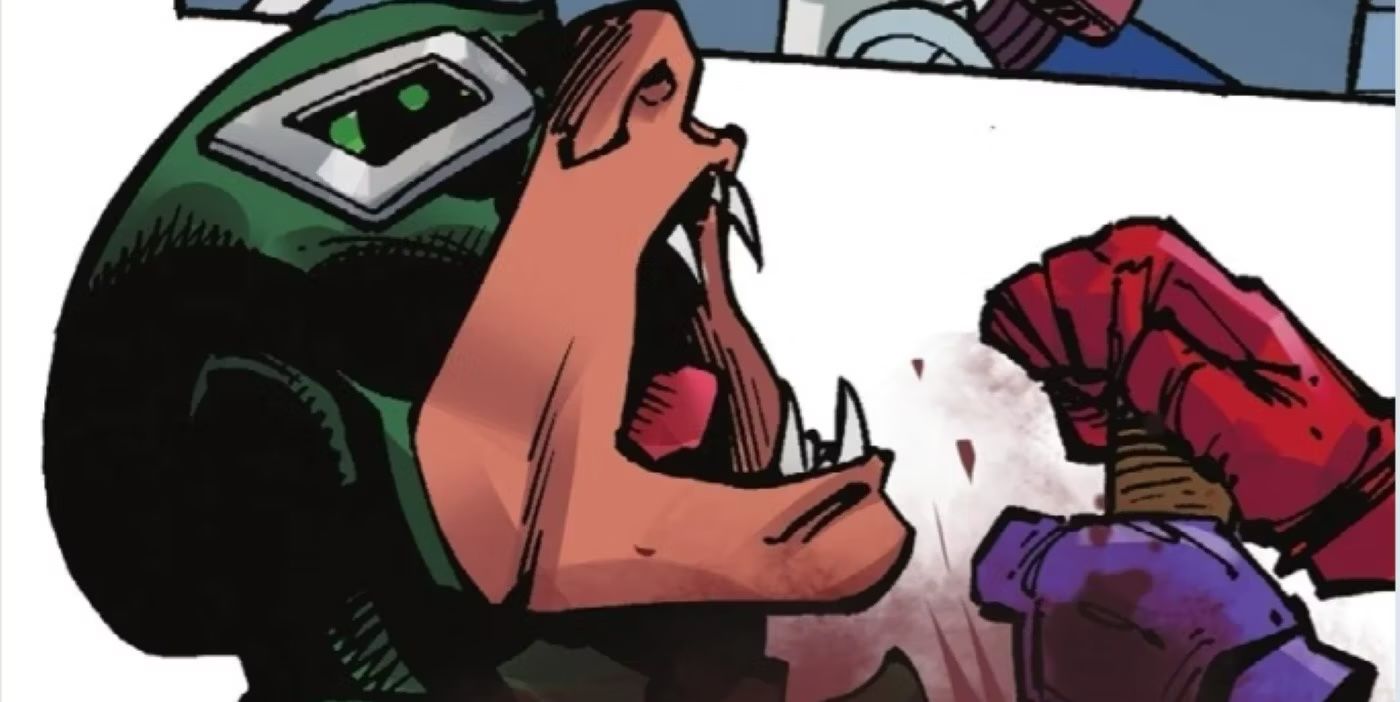 Comic book panel: a masked superhero with fangs.