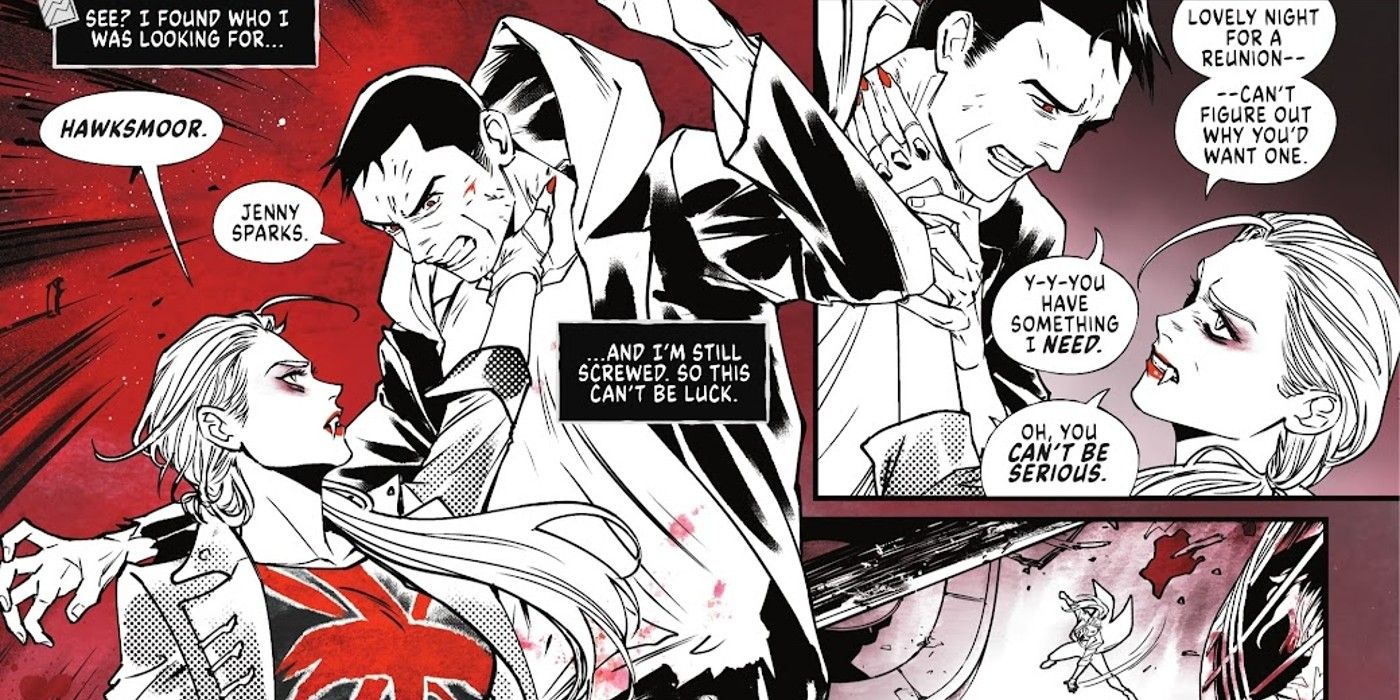 Comic book panels: a female vampire holds a man by the throat.