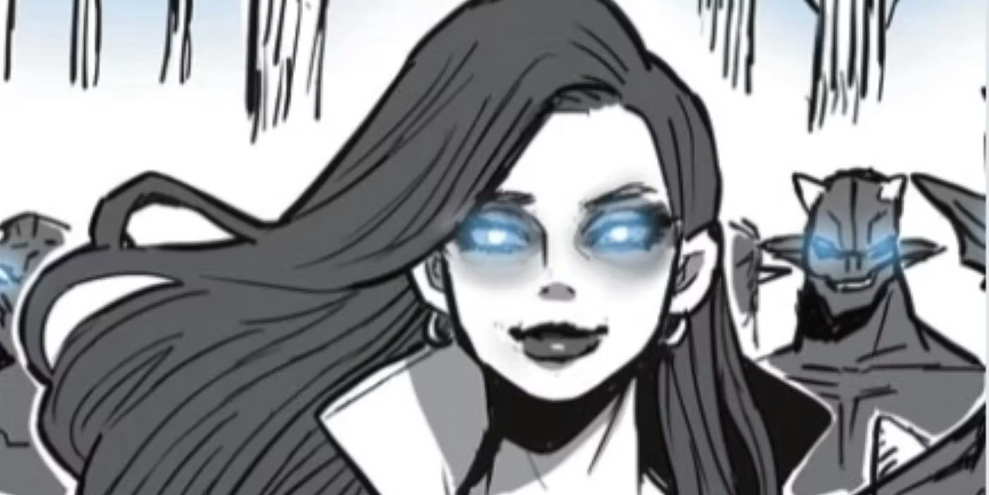 Comic book panel: a woman with glowing blue eyes looks forward.