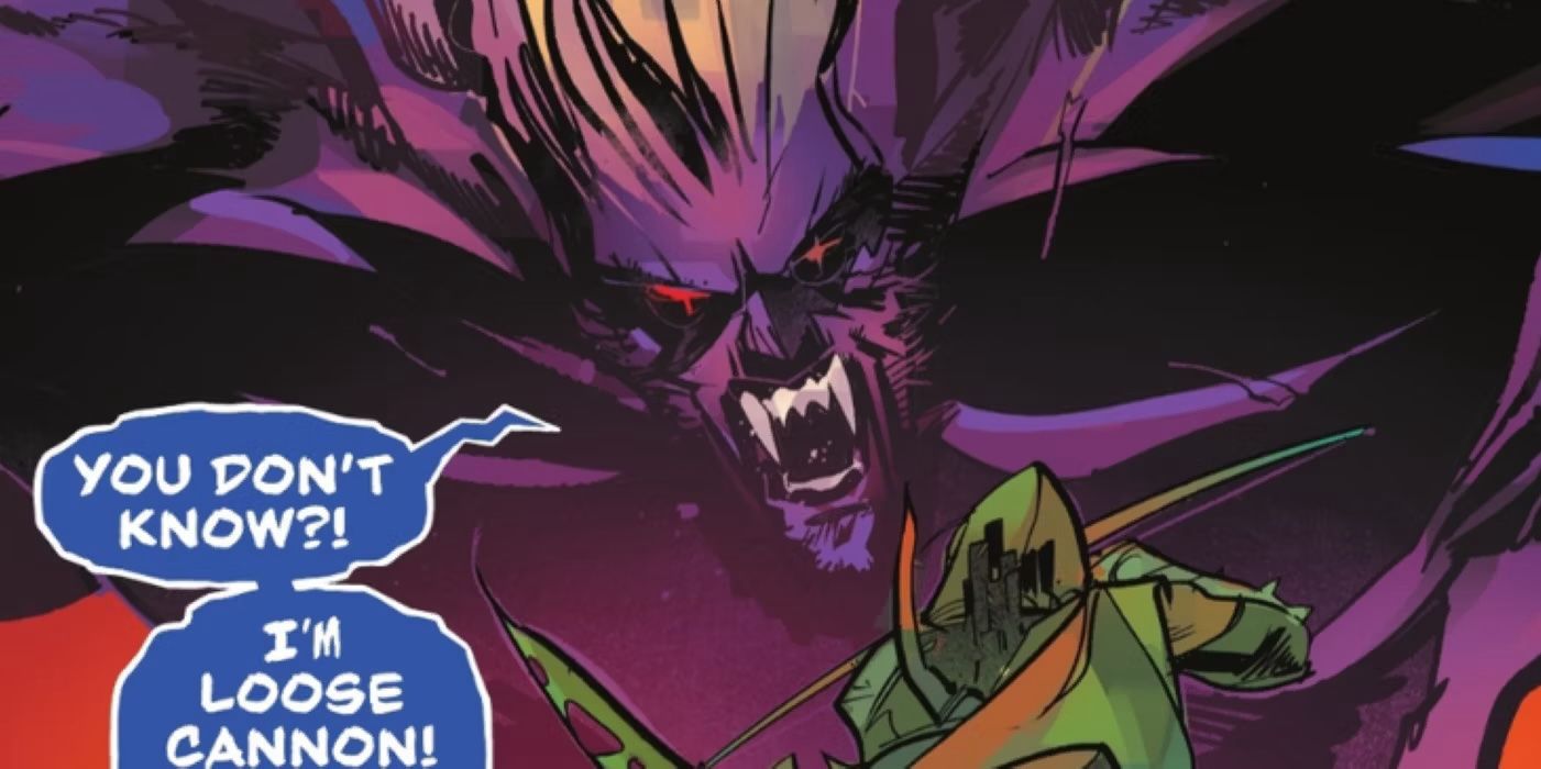 Comic book panel: a large purple vampire declares itself &ldquo;Loose Cannon.&quot;