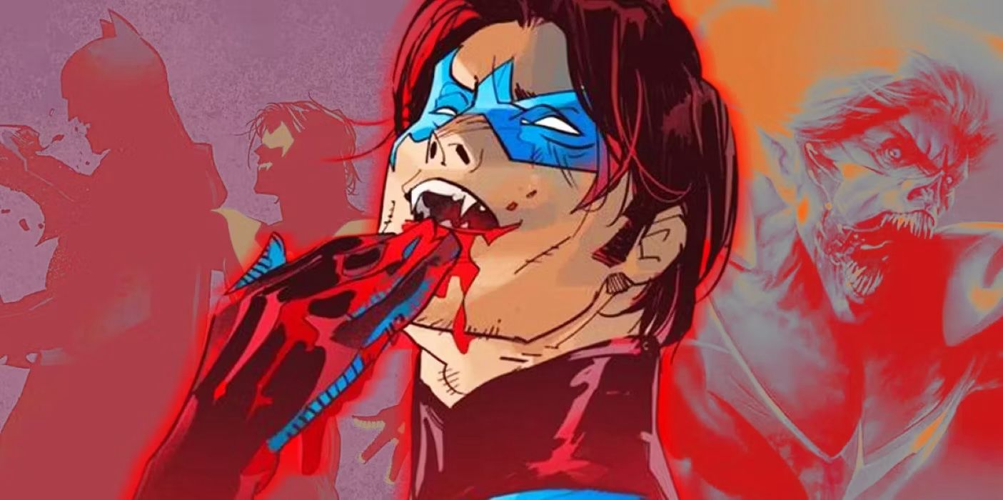  Nightwing as a vampire over images of his actions as a vampire.