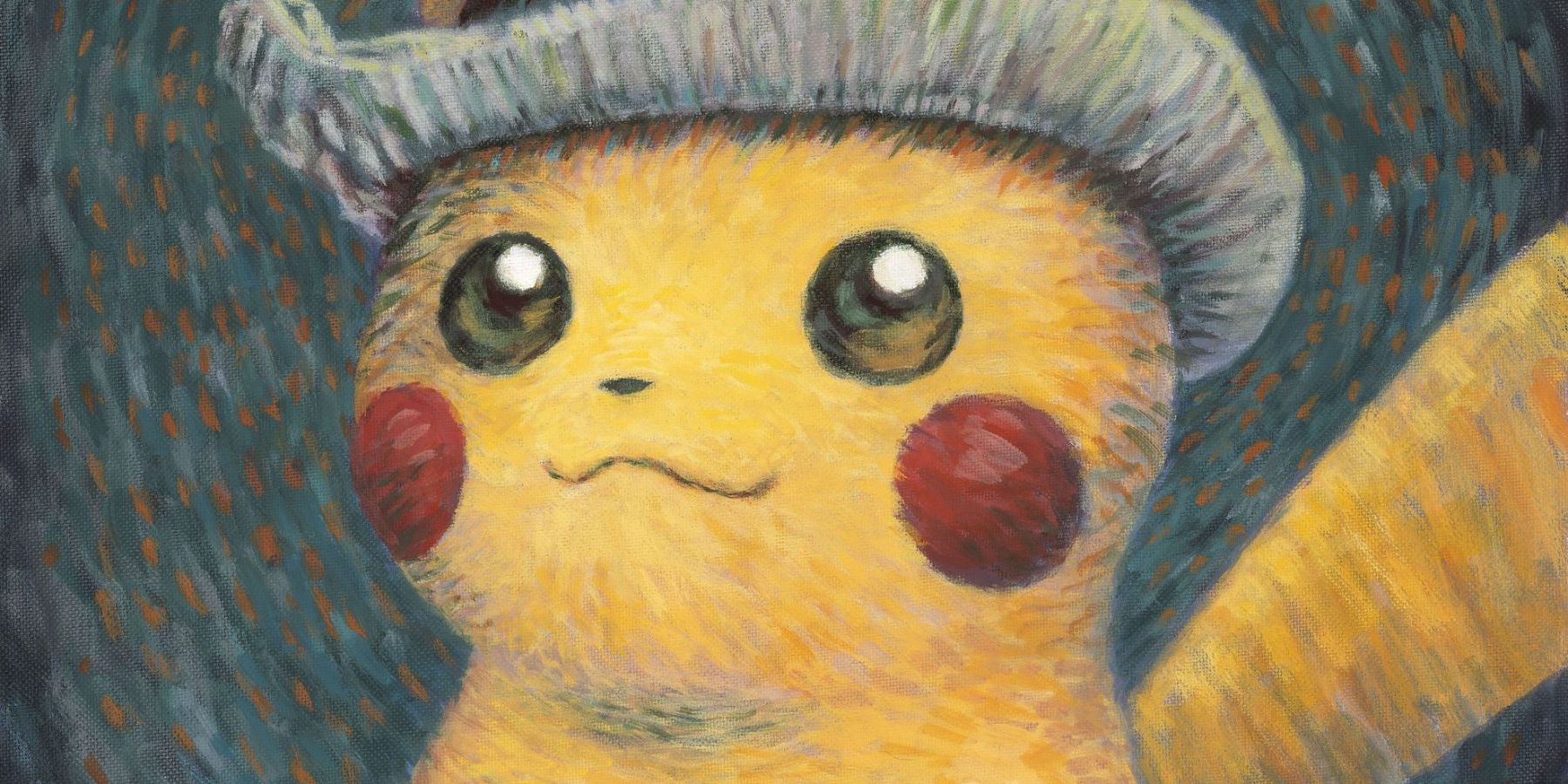 Artwork of Pikachu wearing a gray felt hat, mimicking Vincent van Gogh's famous style. It's a parody of a famous Van Gogh self-portrait.