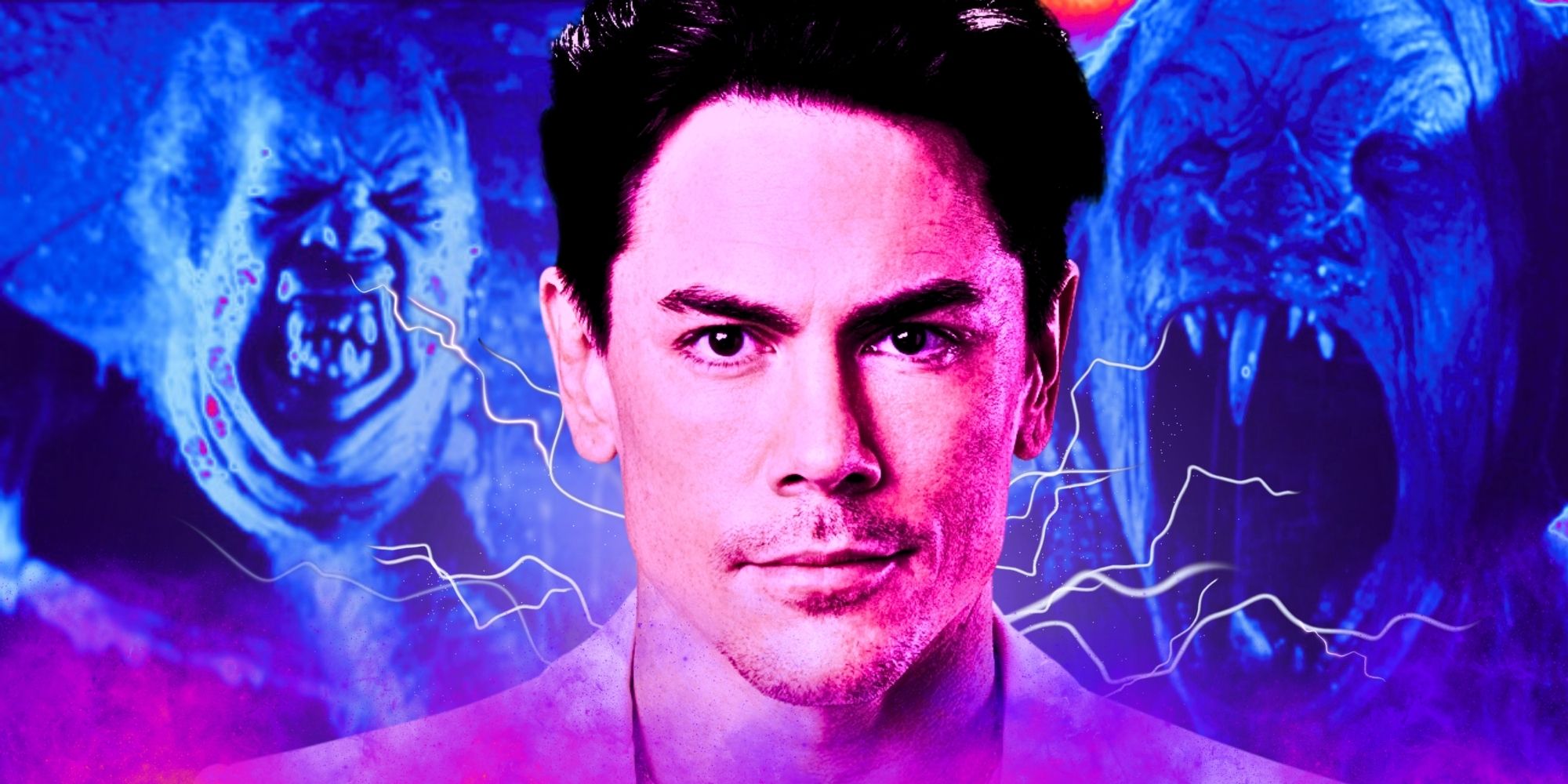 A Vanderpump Rules Tom Sandoval monster montage with pink and purple tones.