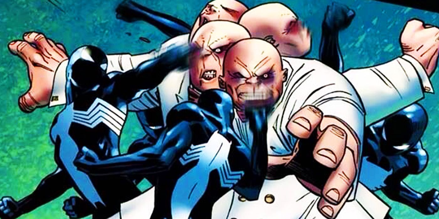 Venom Spider-Man attacking Kingpin in Marvel Comics