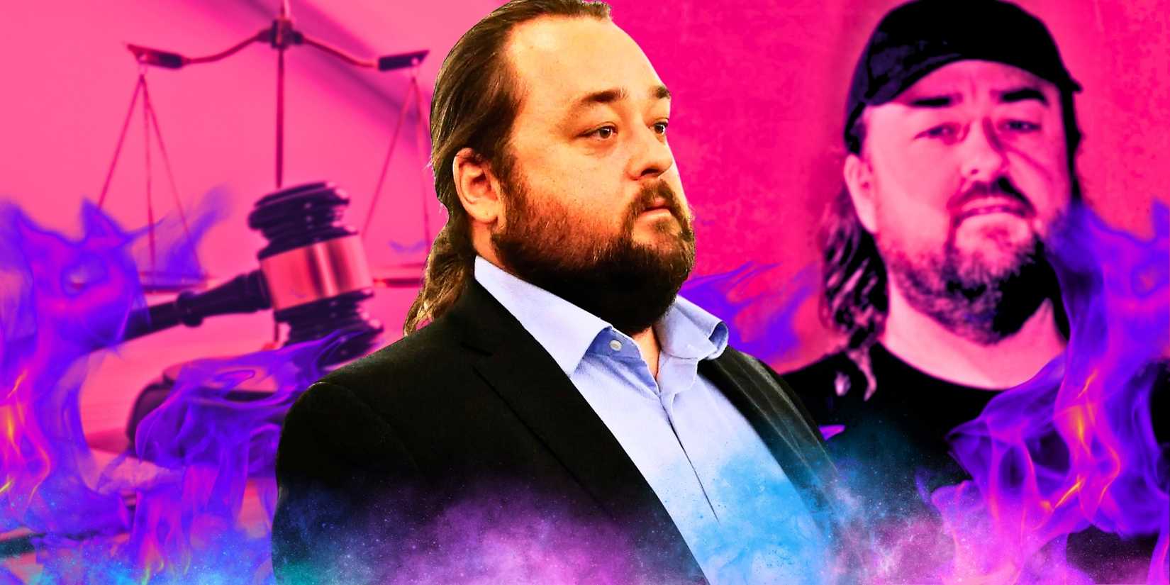 Pawn Stars' Austin Lee 'Chumlee' Russell in suit with purple background and flames
