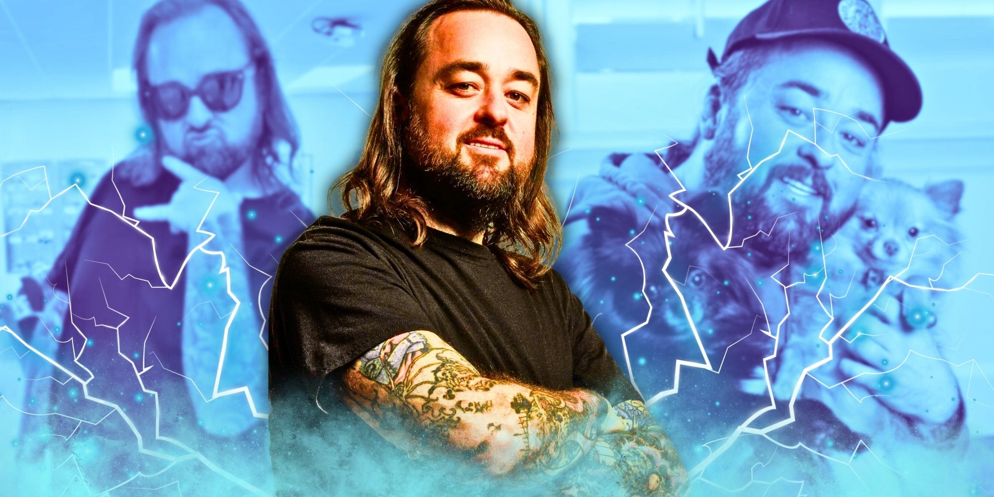 Austin Lee Chumlee Russell de Pawn Stars com fundo azul e gráfico de relâmpagos