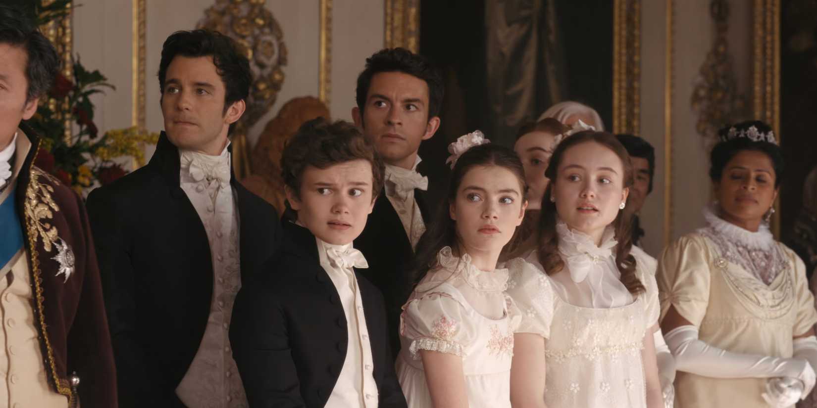 The Bridgertons Watching Eloise's Debut in Bridgerton Season 2 Episode 1