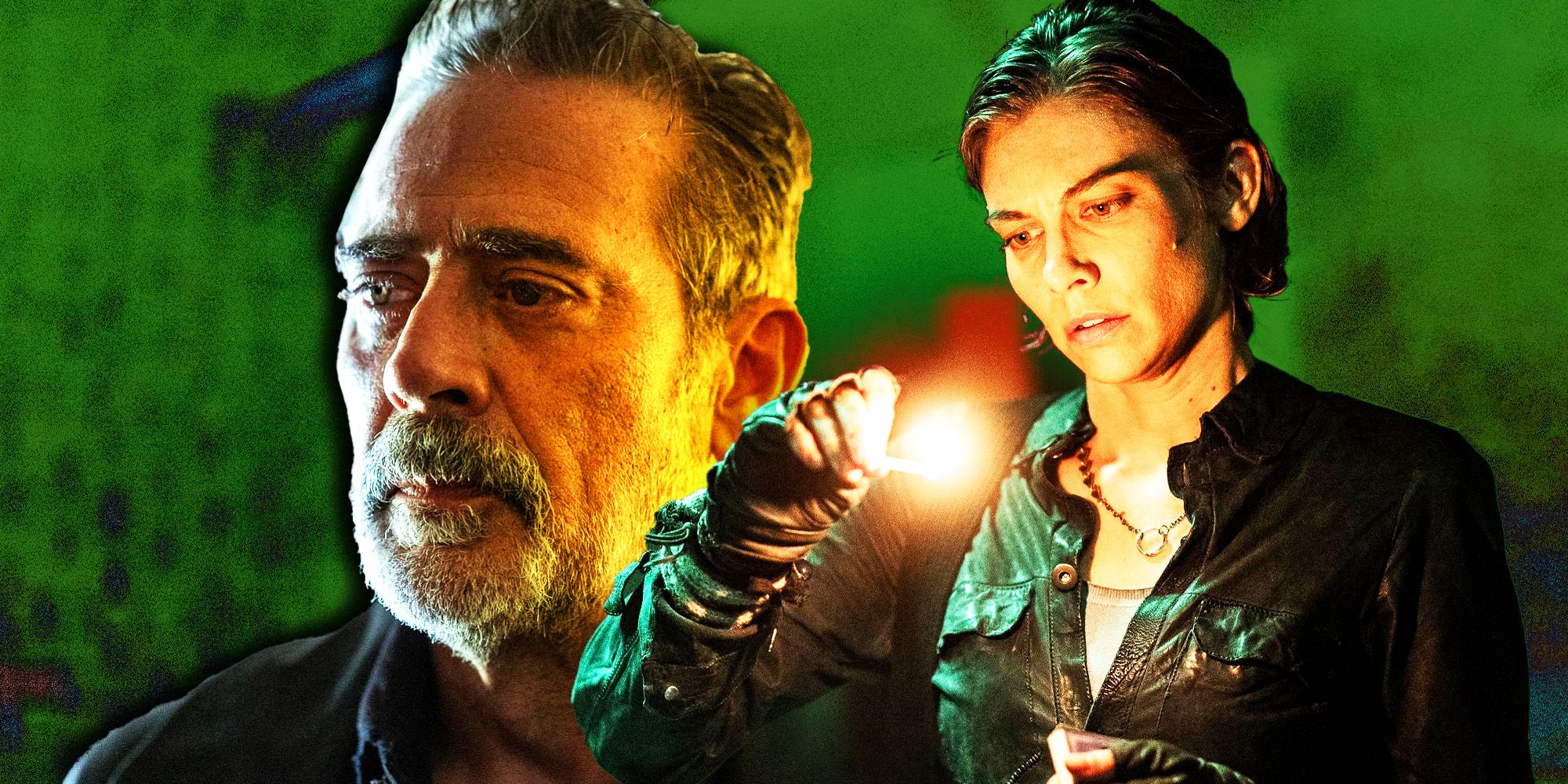 Custom image of Negan looking sad and Maggie lighting a match in Dead City
