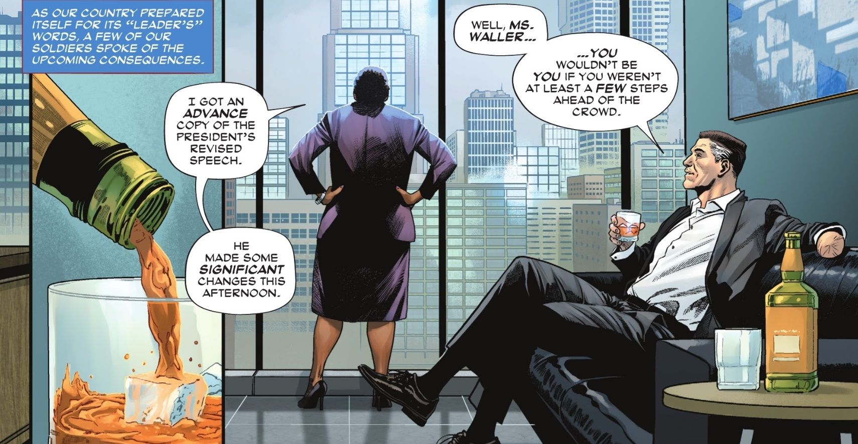Waller and Steel sit in a high-rise lounge, discussing their anti- Wonder Woman policy over drinks.