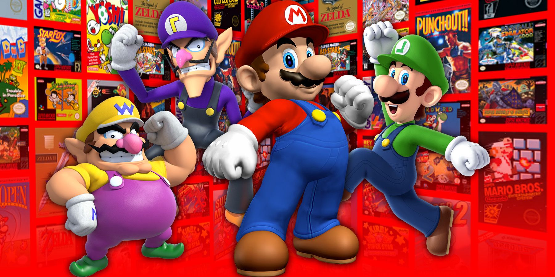 Wario Waluigi Mario and Luigi in front of Nintendo Games