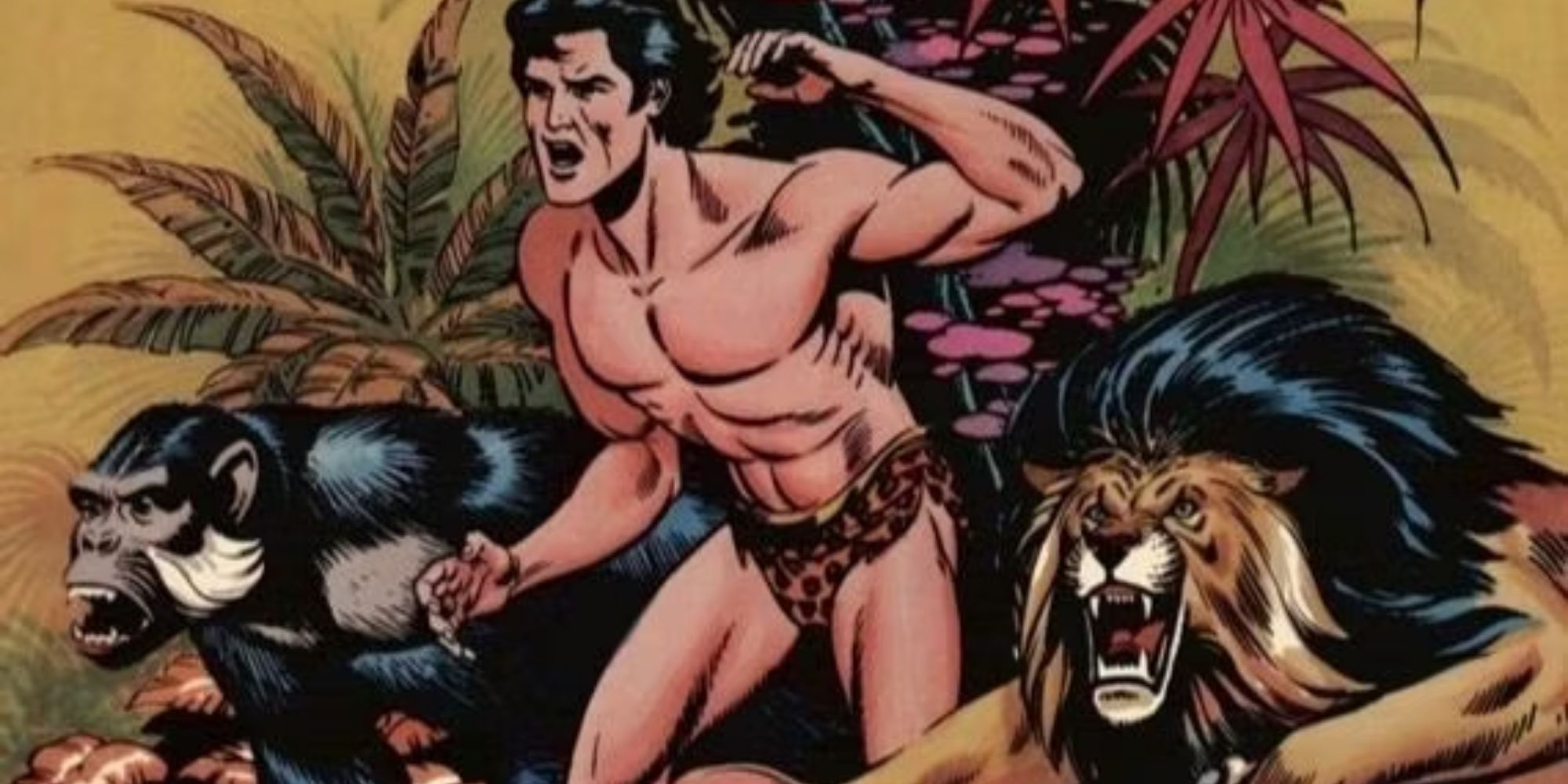 A cartoon image of Tarzan with various animals