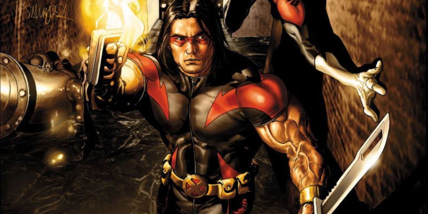 Warpath holding vibranium blades in a tunnel in an X-Men comic panel 