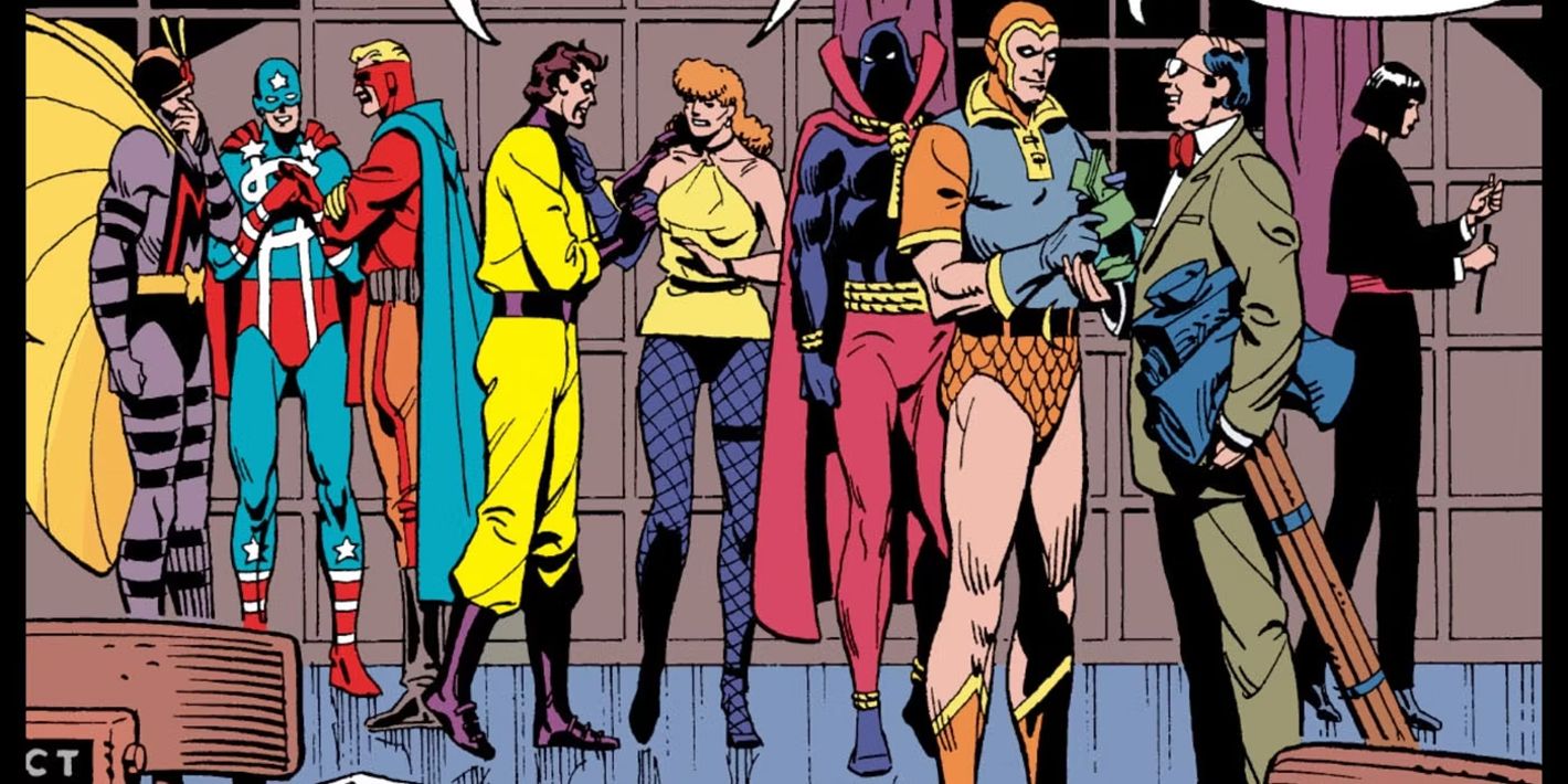 Panel from Watchmen, featuring the earlier incarnation of the Crimebusters superteam