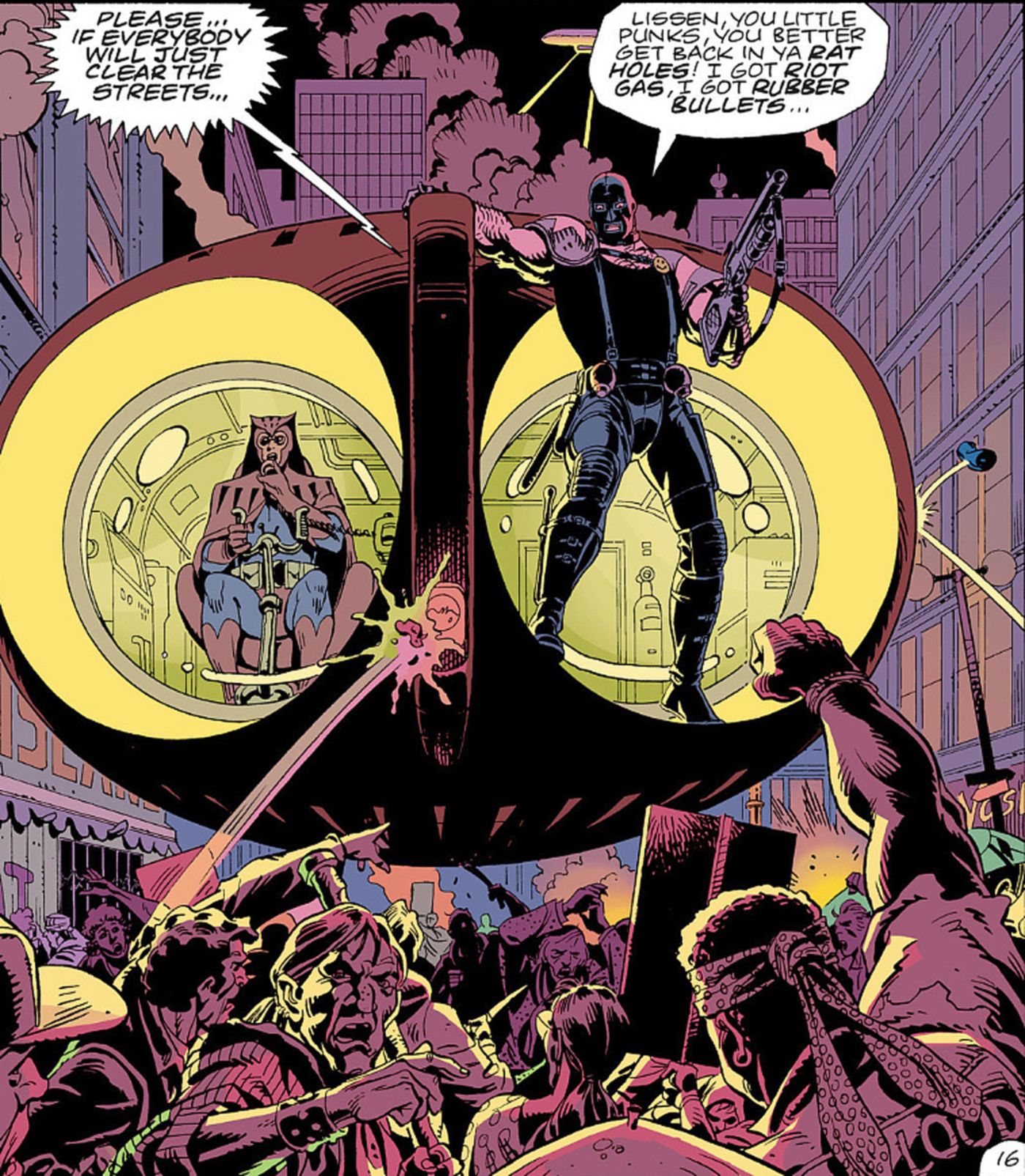 panel from Watchmen, Night Owl and the Comedian doing riot control 