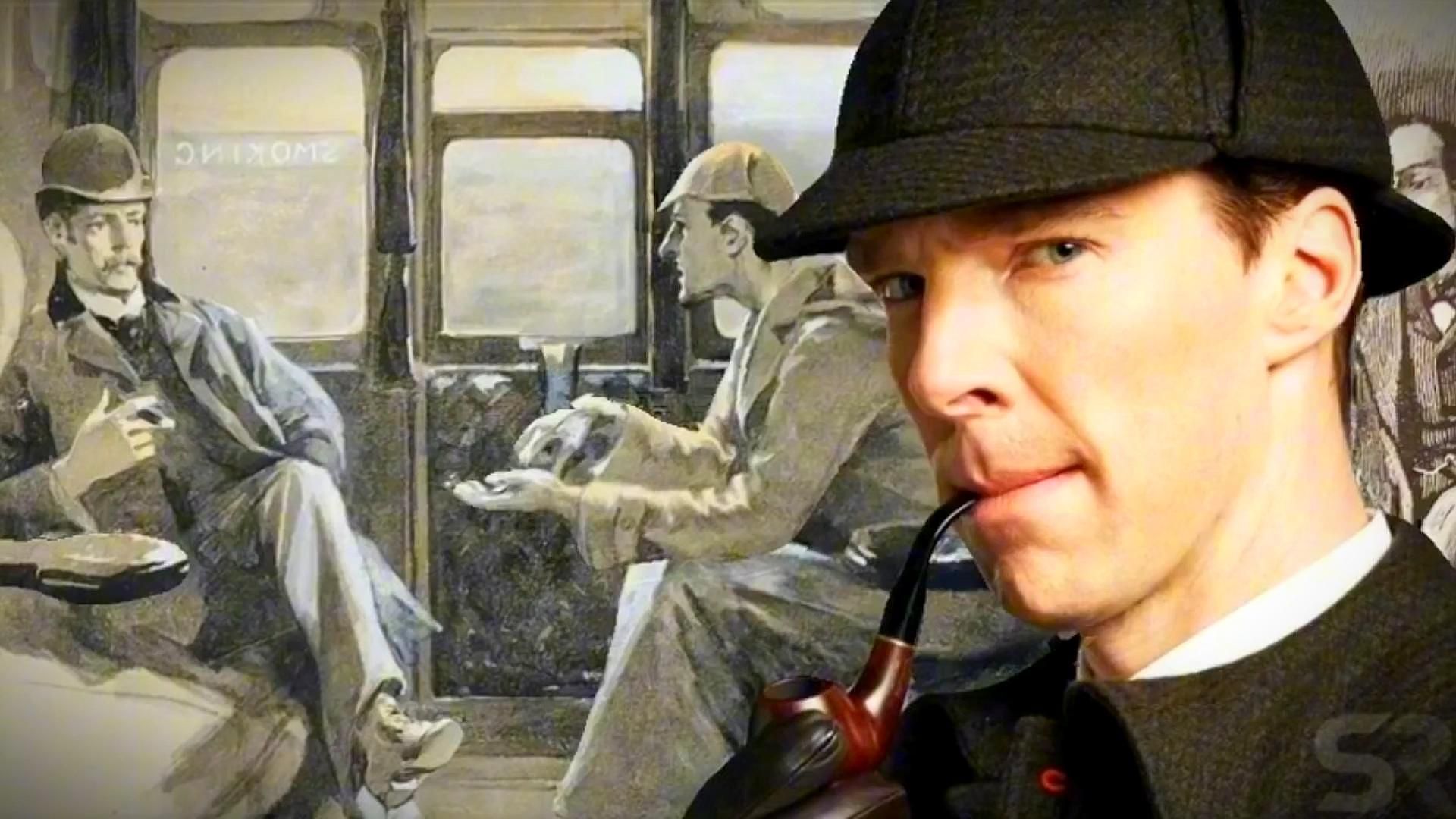 A collage of Benedict Cumberbatch as Sherlock Holms overtop a painted image of Sherlock Holmes and Dr. Watson
