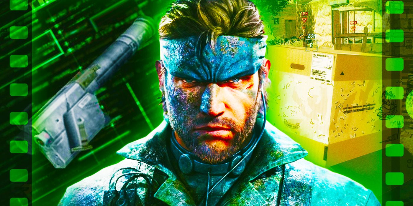 Solid Snake from Metal Gear Solid on a green and yellow collage background