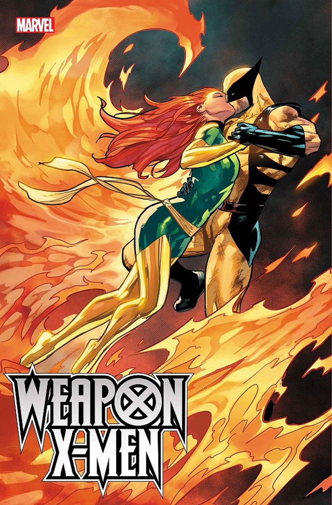 Wolverine #42, Jan Bazaldua cover, Wolverine & Jean Grey in a fiery embrace