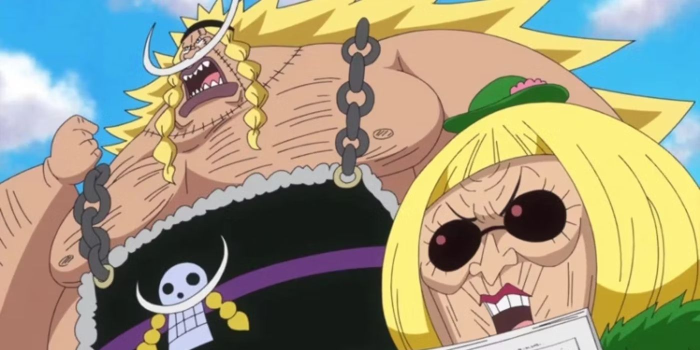 Screenshot from the One Piece anime shows Weevil raising his fist in the air while crying and his short elderly mother standing next to him while holding a newspaper.