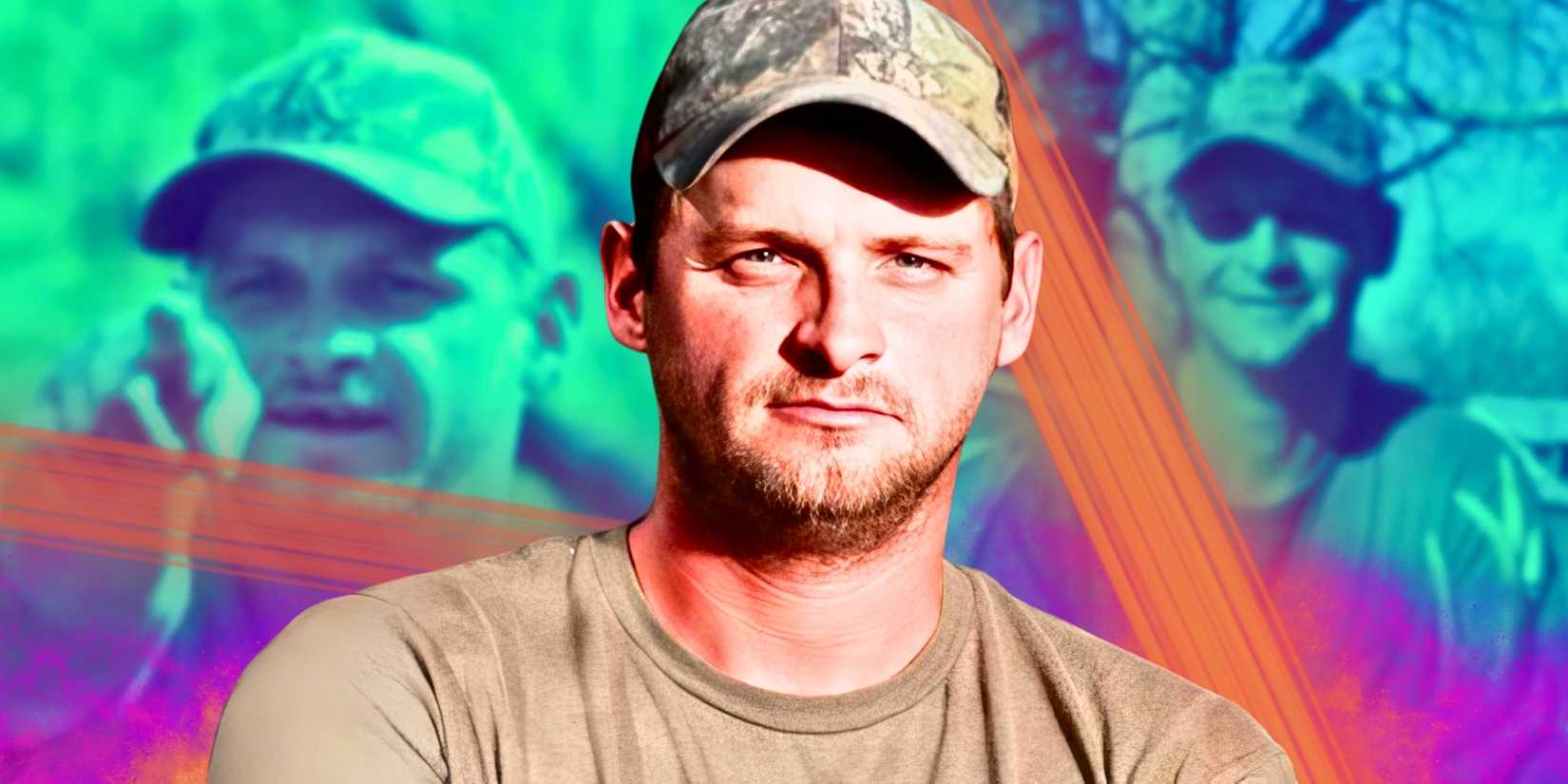 Randy Edwards from Swamp People wearing camouflage shirt and cap
