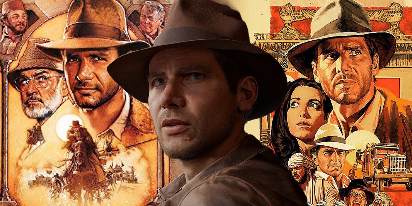 Indiana Jones from Indiana Jones and the Great Circle in front of the poster art for Raiders of the Lost Ark and Indiana Jones and the Last Crusade