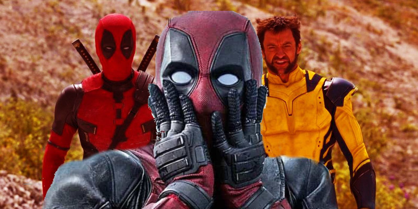 Deadpool making a shocked face with Deadpool and Wolverine from Deadpool 3 in the backround witha red hue..