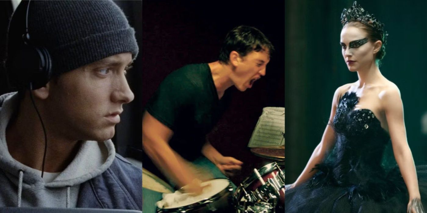 Side by side images feature characters from movies 8 Mile, Whiplash, and Black Swan