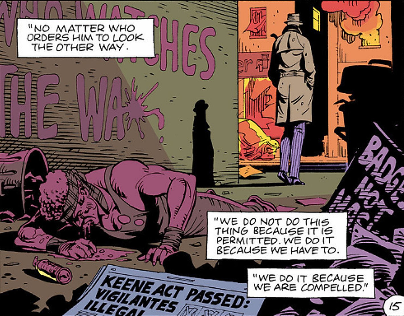 Watchmen, Rorschach leaves a criminal bloodied beneath 