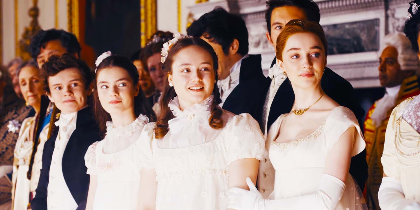 Wil Tilston as Gregory, Florence Hunt as Hyacinth, Ruby Stokes as Francesca, Jonathan Bailey as Anthony, and Phoebe Dynevor as Daphne Bridgerton in Bridgerton season 2 episode 1