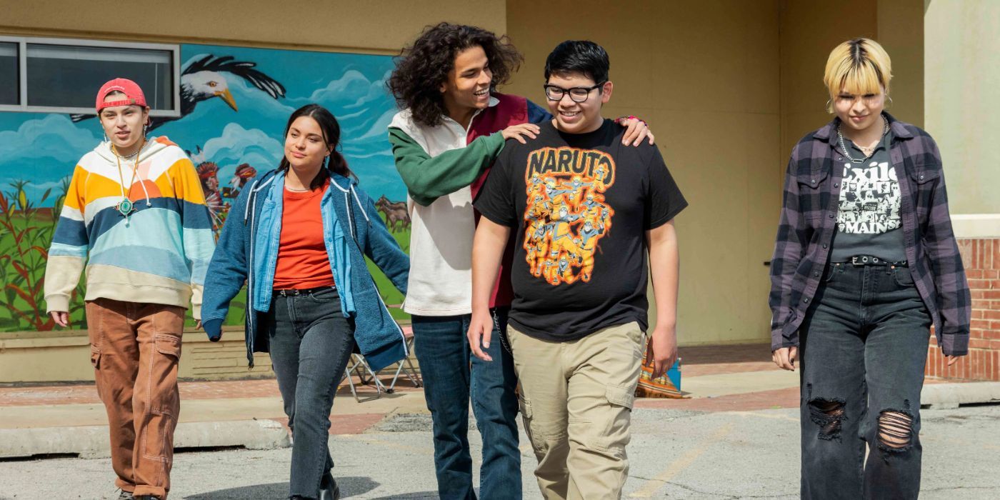 Willie Jack (Paulina Alexis), Elora (Devery Jacobs), Bear (D'Pharaoh Woon-A-Tai), and Cheese (Lane Factor), and Jackie (ELva Guerra) smiling together in Reservation Dogs.