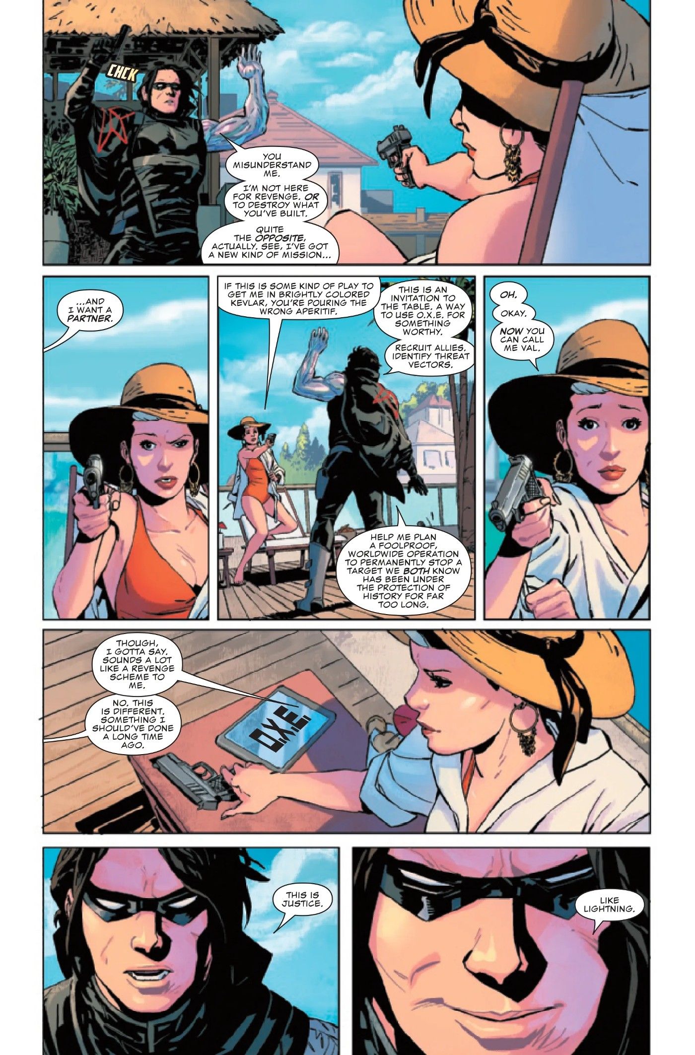 Six panels of the Winter Soldier recruiting the Contessa Valentina Allegra de Fontaine to the Thunderbolts.