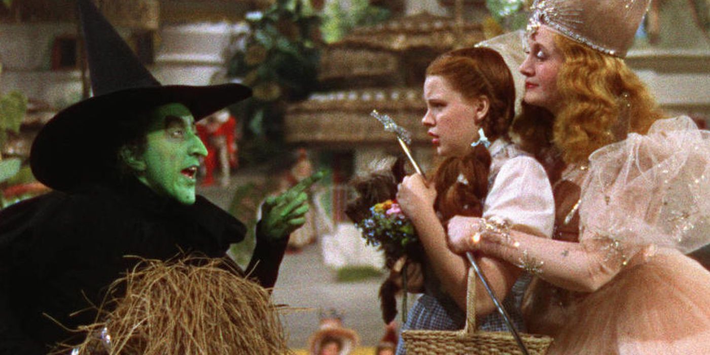 The Wicked Witch of the West (Margaret Hamilton), Dorothy (Judy Garland) and Glinda (Billie Burke) in The Wizard of Oz (1939).